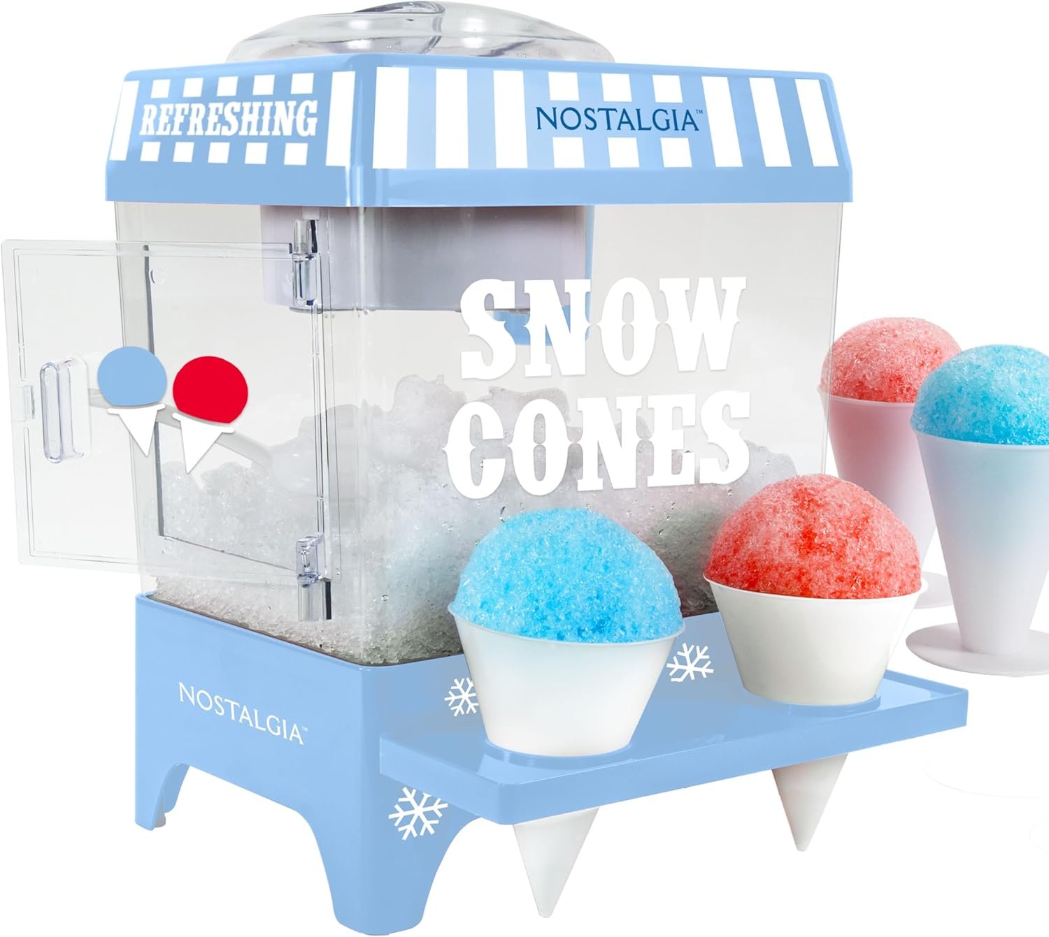 Nostalgia Snow Cone Machine – Retro Table-Top 8 Oz Snow Cone Maker Makes 20 ICY Treats– Countertop Slushie Machine Includes 2 Reusable Plastic Cups & Ice Scoop-Vintage Blue