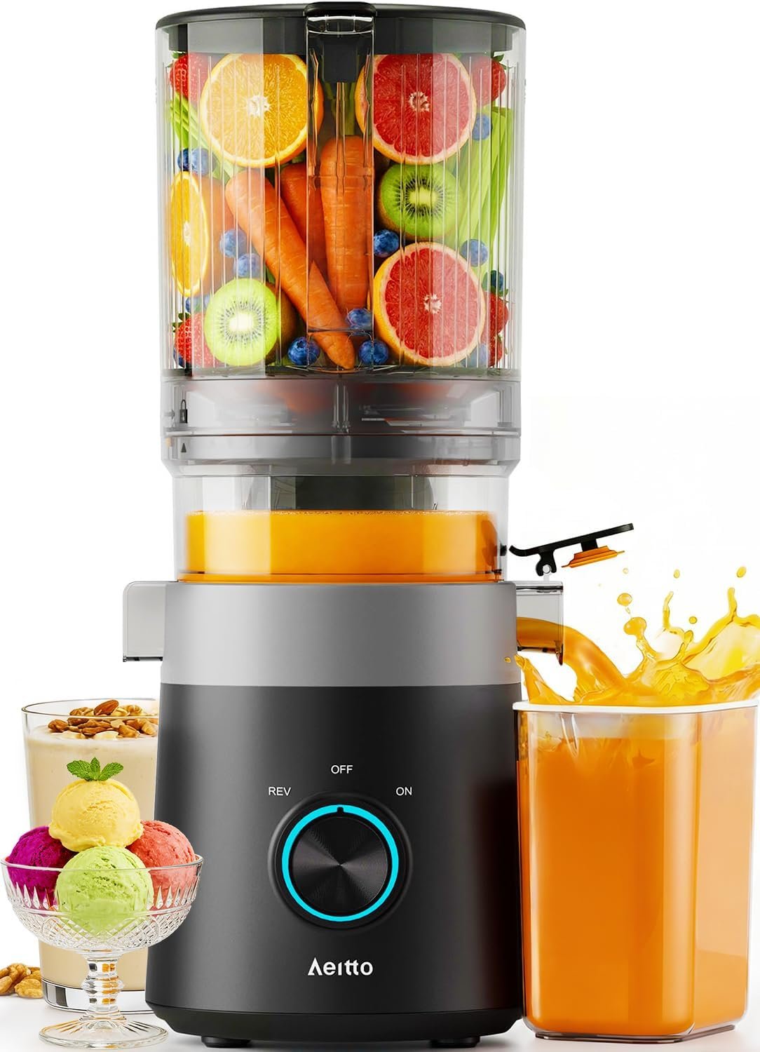 Aeitto 3-in-1 Cold Press Juicer for Juice, Nut Milk & Sorbet – Filter-Free Design for Effortless Cleaning, 6.0″ Extra Large Chute Fits Whole Fruits & Vegetables, Juicer Machines High Yield, With Brush