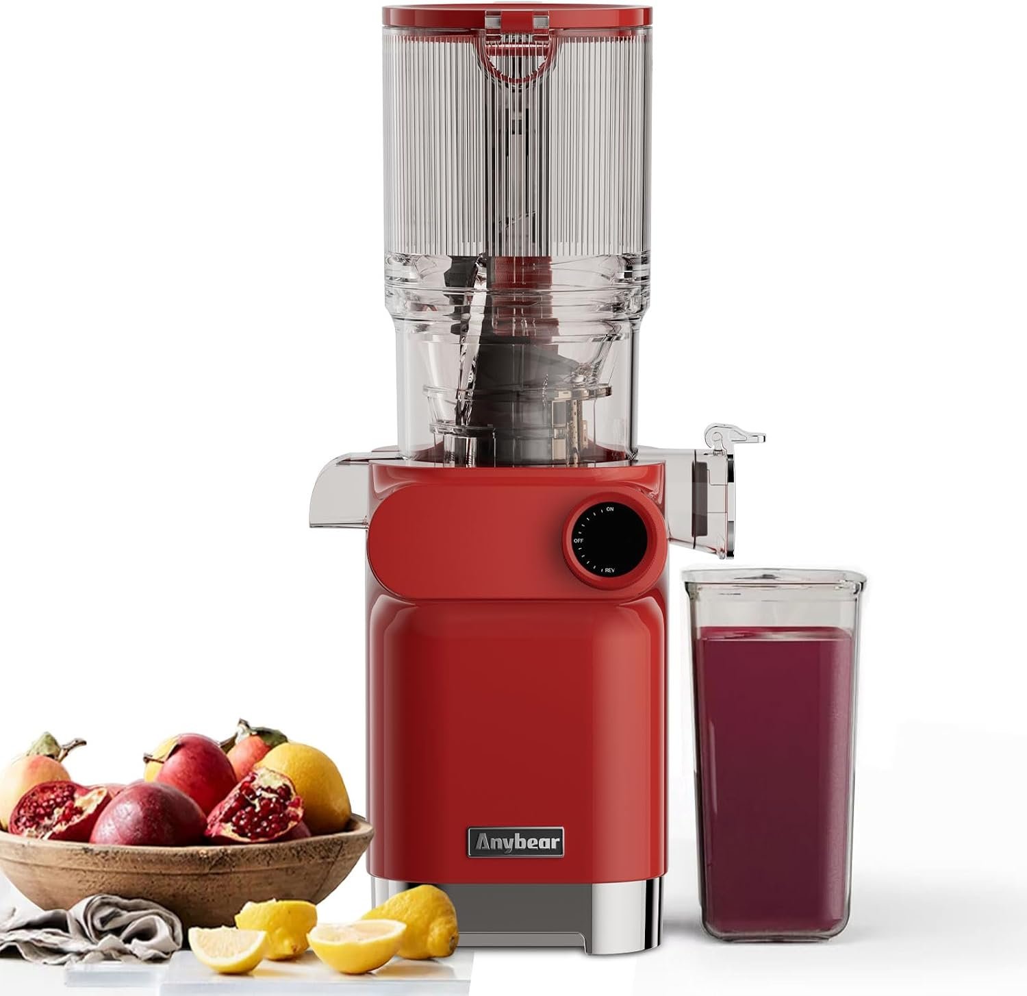 Anybear Cold Press Juicer 200W Masticating Slow Juicer 4.3″ Large Feed Chute Fit Whole Fruits Vegetables | Upgraded Auger | Tritan Material | BPA Free | Juice Recipes (Red)