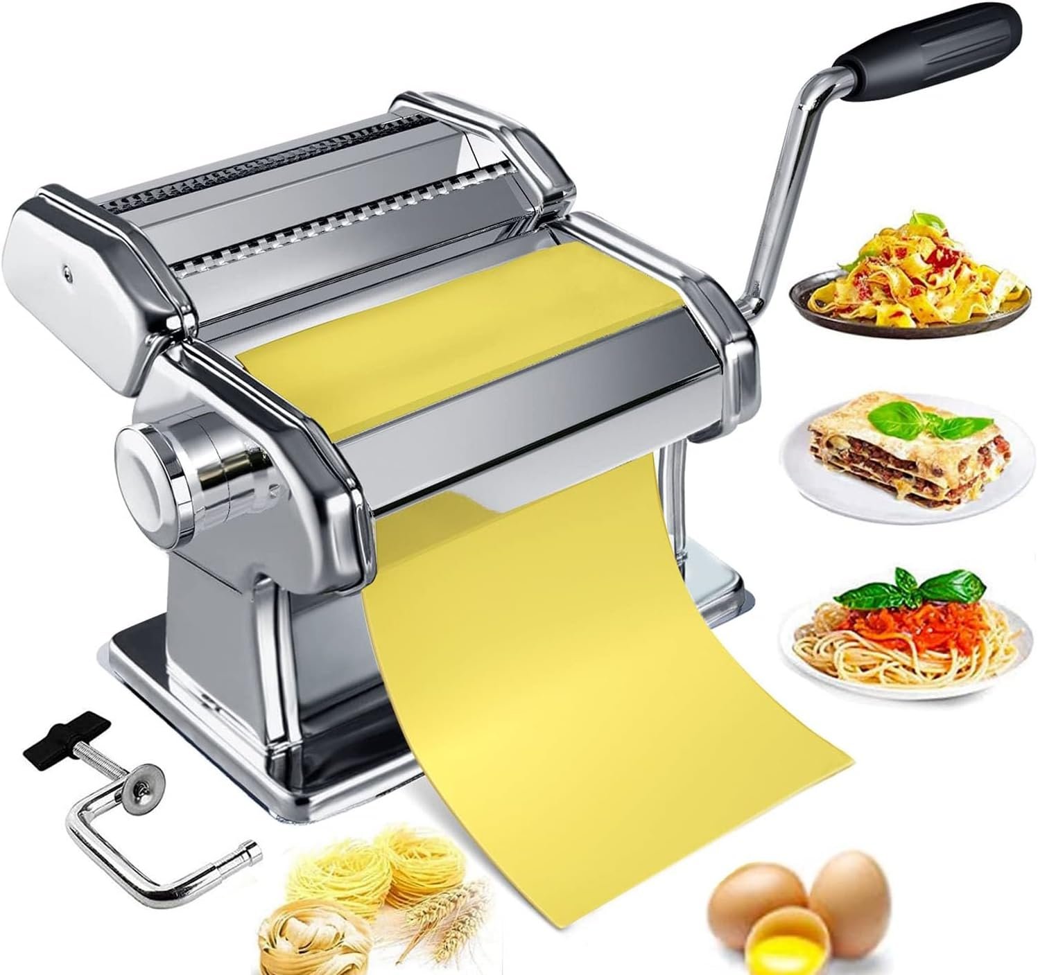 Pasta Maker, Hand Crank Noodle Machine Stainless Steel Dough Roller Pasta Maker Machine 7 Thickness Settings 0.5‑2.5mm Noodle Maker for Dumpling Skin, Spaghetti, Fettuccini