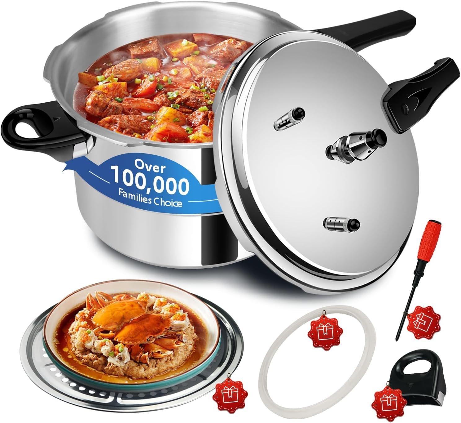 6 Quart Aluminum Pressure Cooker, Heavy Duty Commercial Grade, Fast Cooking, Energy Saving, Safe Locking Lid, Ideal for Canning, Soups, Meats, Beans, Large Family & Restaurant Use