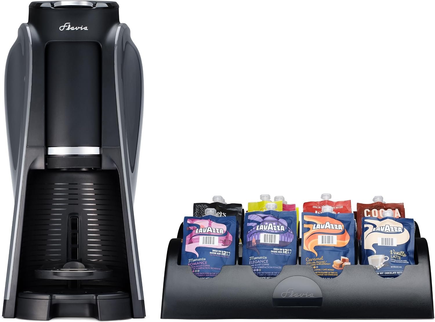 Flavia Aroma Brewer Bundle with 84 Freshpacks and 1 Merchandiser – Coffee Machine, Makes Coffee, Lattes, Tea, and other Hot or Iced Beverages, Multiple Brew Sizes, Black, Works ONLY with Freshpacks