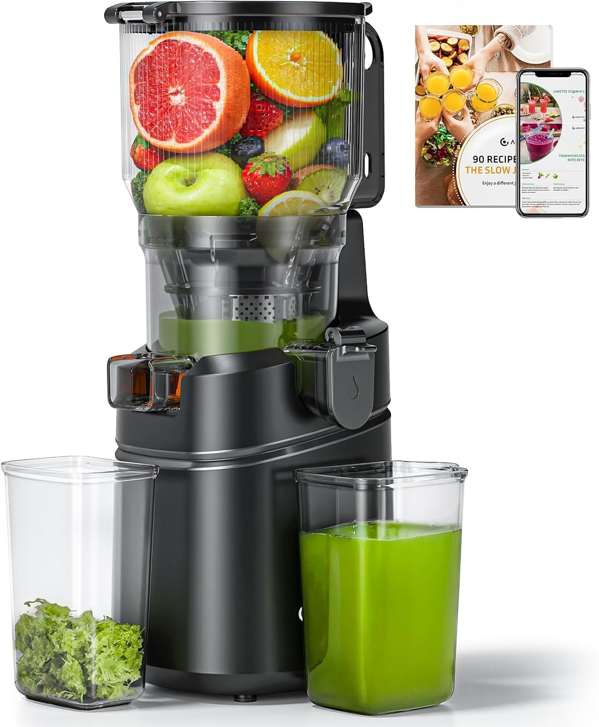 AMZCHEF Cold Press Juicer – 6.5″ Wide Mouth Hopper for Whole Recipe Loading, Self Feeding for Hands-Free Operation, Zero Waste Masticating Juicer For More Juice, Less Pulp – Triple Strainers