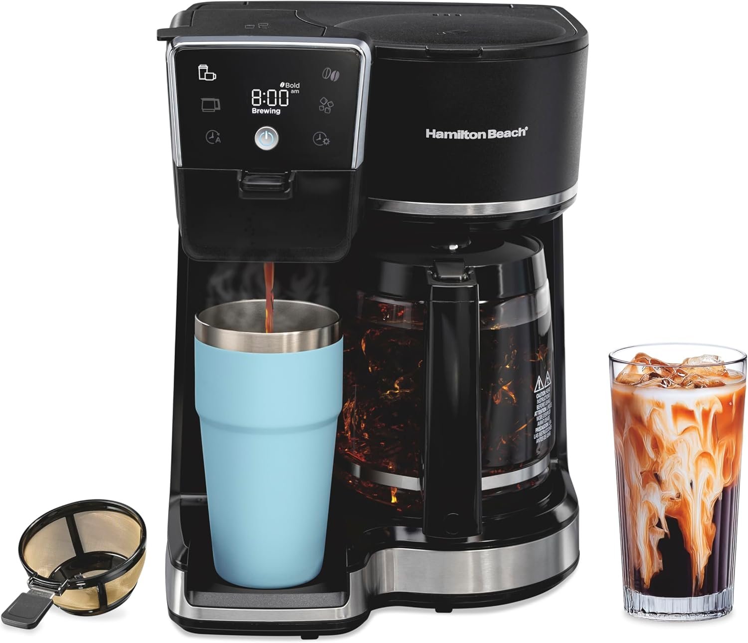 Hamilton Beach 2-Way Drip Coffee Maker & Single Serve Coffee Machine | Hot & Iced Coffee Maker| 12 Cup Glass Carafe| AquaFlow Showerhead | Auto Pause & Pour | Black |47500J