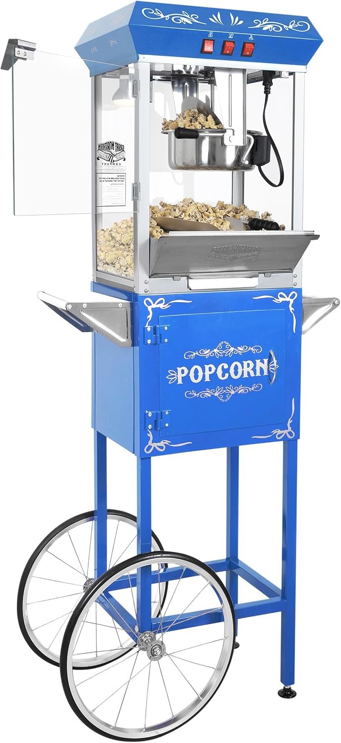 Foundation Popcorn Maker Machine with Cart – 8oz Stainless Steel Kettle Makes up to 48 Cups – Movie Theater Style Vintage Popcorn Machine Cart on Wheels by Great Northern Popcorn (Blue)