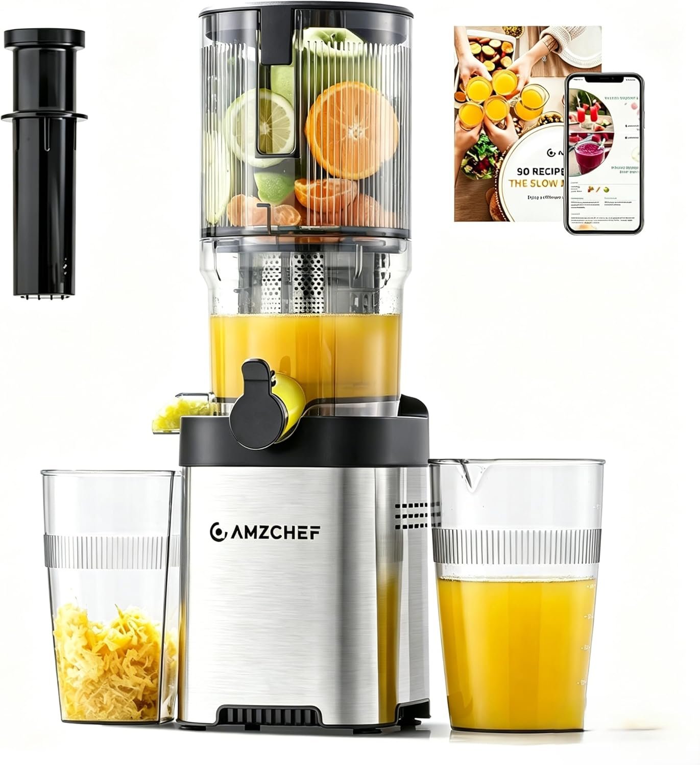 Cold Press Juicer Machine, 5.4″ Wide Self-Feeding Chute for Whole Fruits & Vegetables, Masticating Juice Extractor with Large Auger & Triple Strainers, High Juice Yield, Easy to Clean