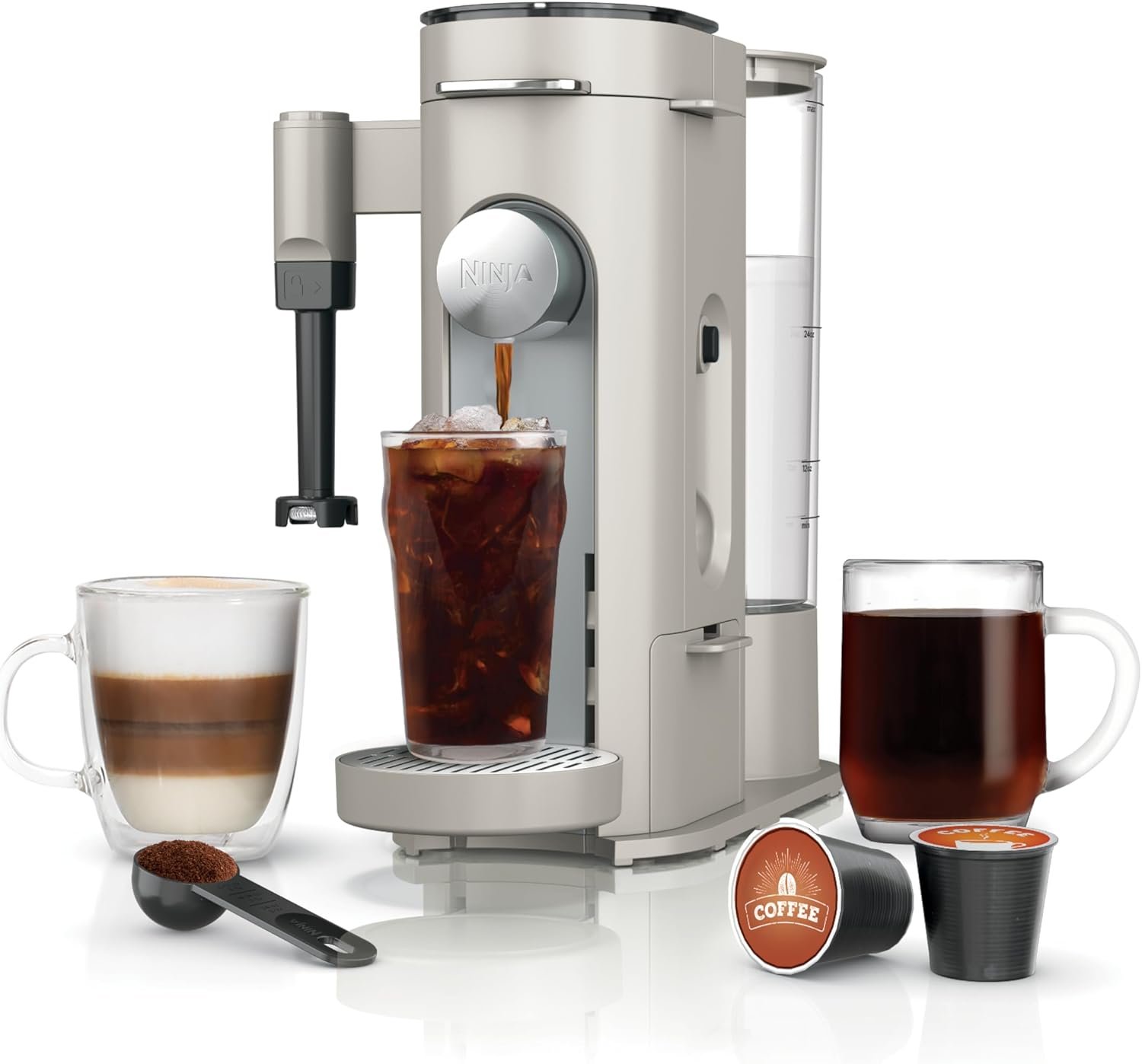 Ninja Pod and Grounds Specialty Single Serve Coffee Maker, K-Cup Pod Compatible, Brews, Compact Design, Built-in Milk Frother, 56 Ounces Reservoir, 6 Ounces Cup to 24 Ounces Mug Sizes, Stone, PB051ST
