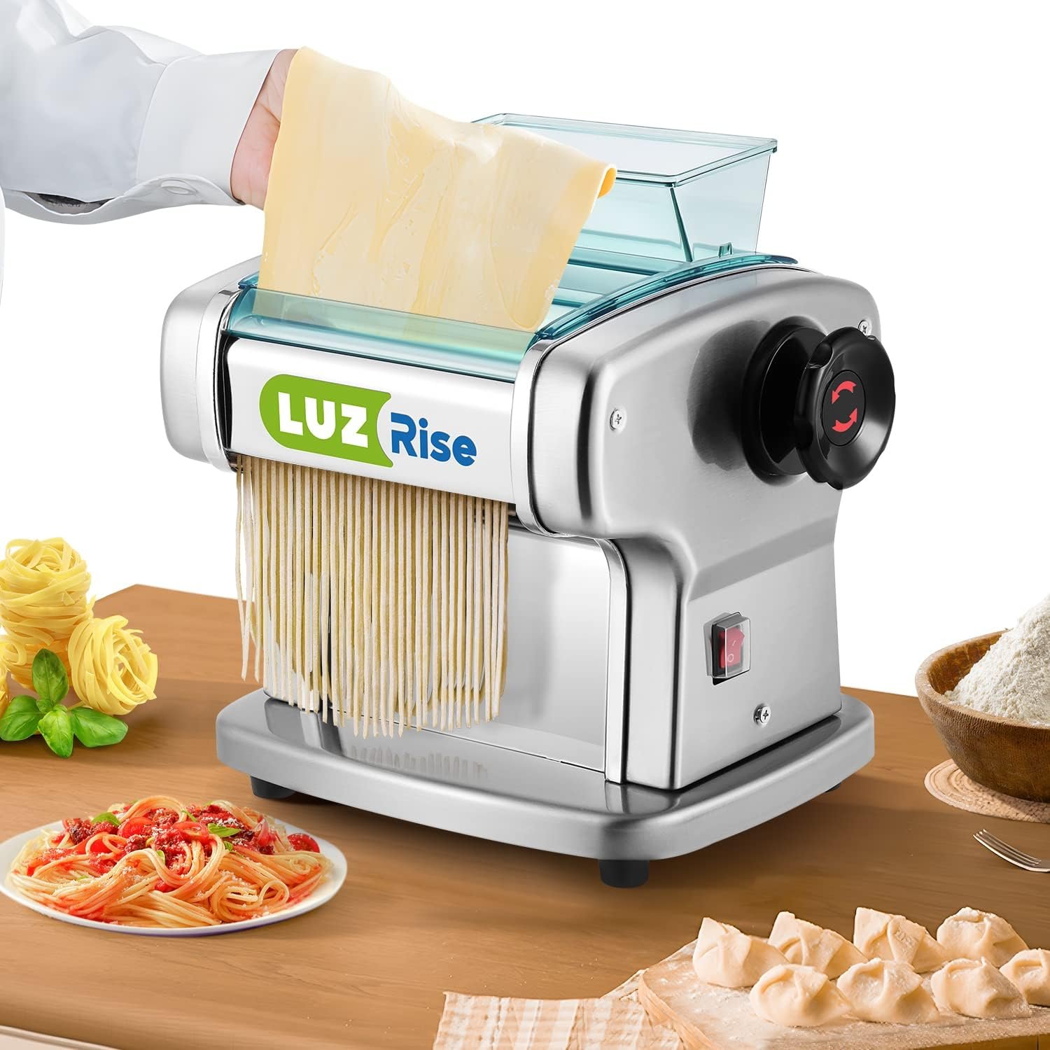Electric Pasta Maker Automatic Noodle Machine Fresh Pasta Dough Roller Stainless Steel(2 Blades for 2.5mm Round&4mm Flat Noodle,9 Thickness Settings 0.5mm-5mm,Family Use, Output 10LBS/H,135W)