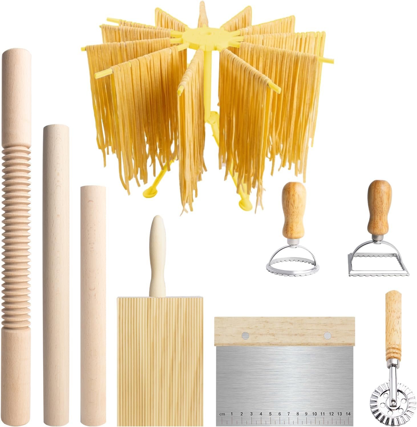 Pasta Making Tools, 9 Piece Wood Pasta Making Kit with 3 Rolling Pins, 1 Pasta Drying Rack, 1 Gnocchi Board, 1 Dough Cutter, 1 Ravioli Cutter, 2 Pasta Stamps, Ravioli Pasta Cutter Set for Pasta Maker