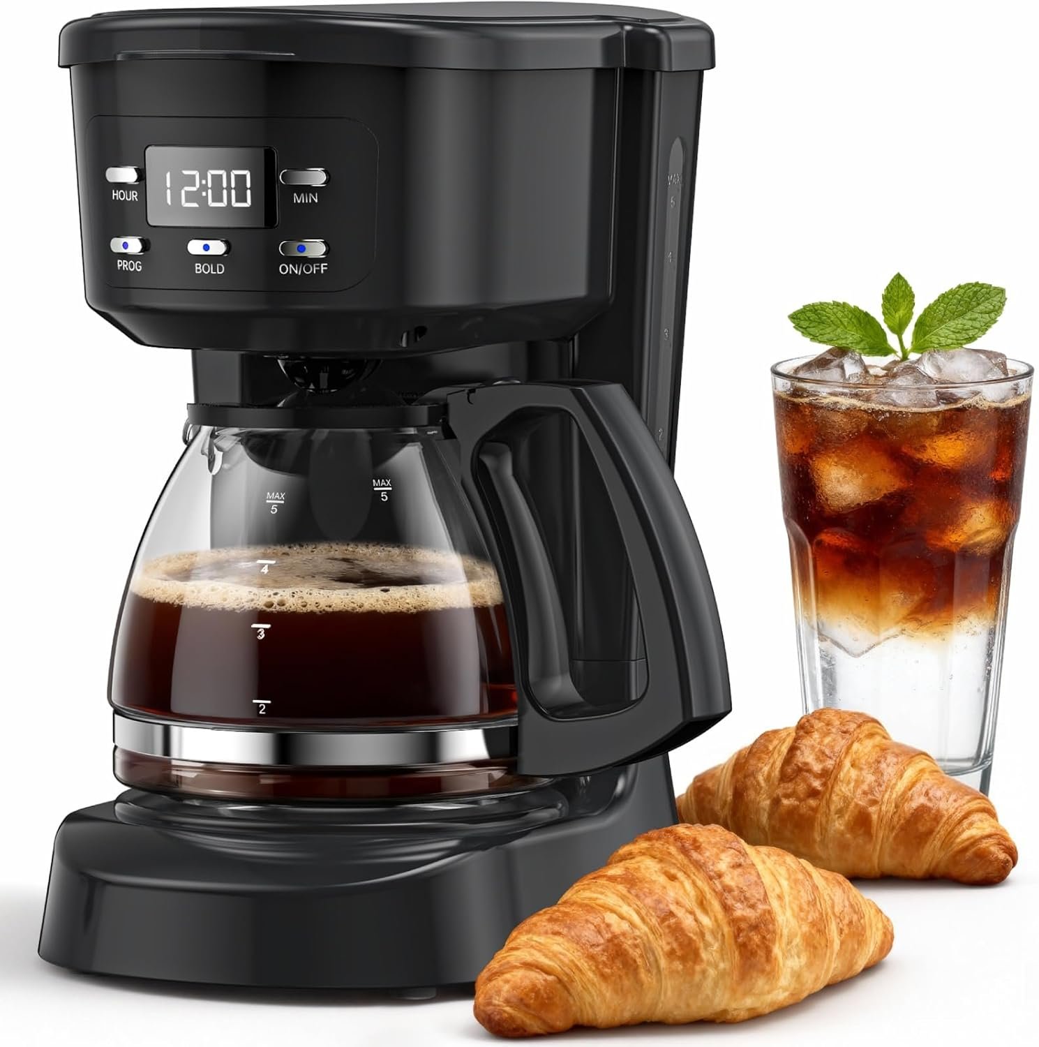 Coffee Maker, 5 Cup Drip Coffee Machine with Glass Carafe, 20 Hours Programmable Timer, 2 Hours Keep Warm, Compatible with Ground&Tea – Portable Small Cafetera for Home, Office, Travel&Camping-Black