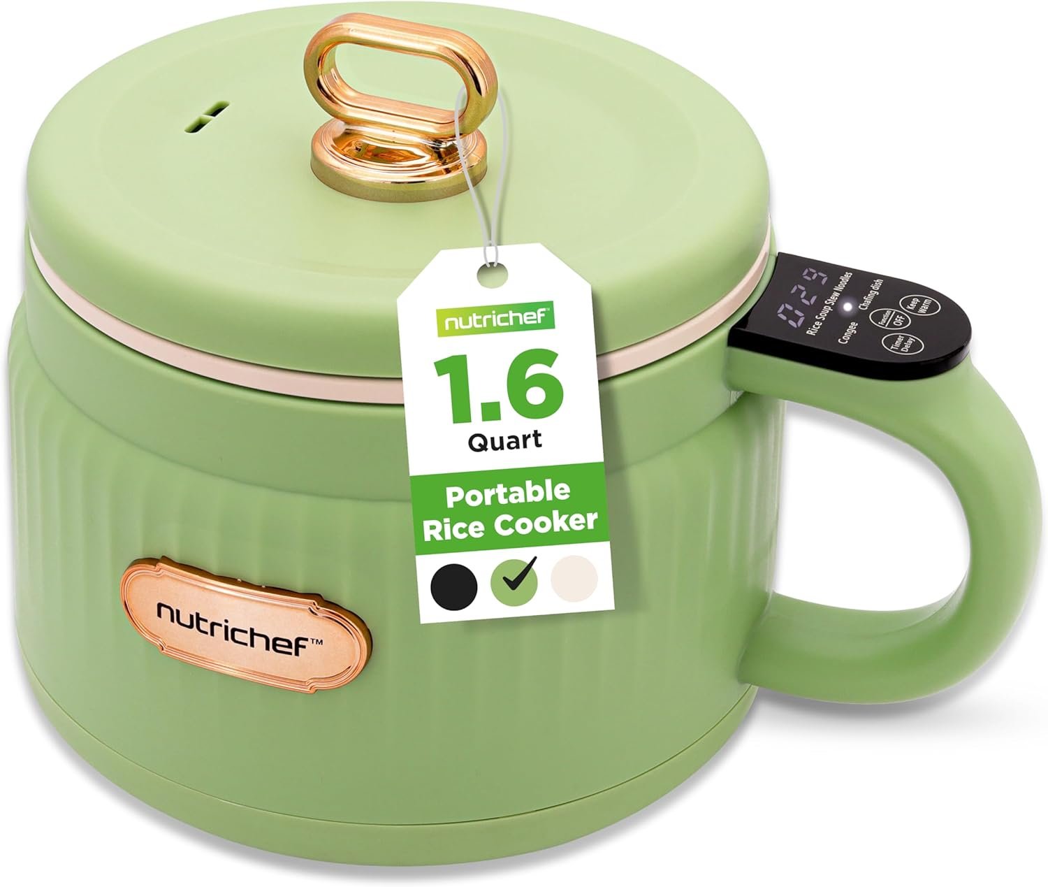 NutriChef 1.6 QT Portable Electric Rice Cooker & Lunch Maker | Multi-Functional & Non-Stick Ceramic Coating | Digital Control Panel | 6 Cook Functions: Rice, Soup, Stew, Porridge & More | Green