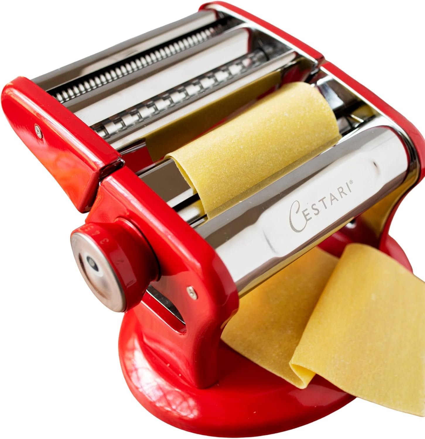 Cestari Ultimate Pasta Machine – Unique Patented Suction Base for No-Slip Use of Stainless Steel Pasta Roller Machine – 150 mm – Includes Pasta Cutter, Hand Crank, and Recipes
