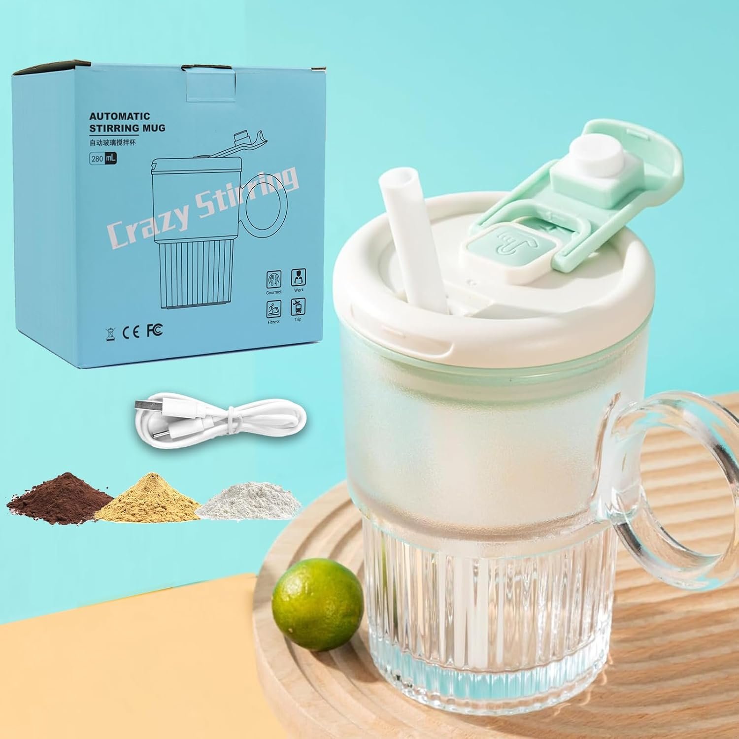 Stirring Mug Cup, Electric High Speed Mixing Cup,Waterproof Glass Self Stirring Travel Coffee Cup with Straw,Protein Shakes,Mixing Coffee Mug Stirring (Cyan)