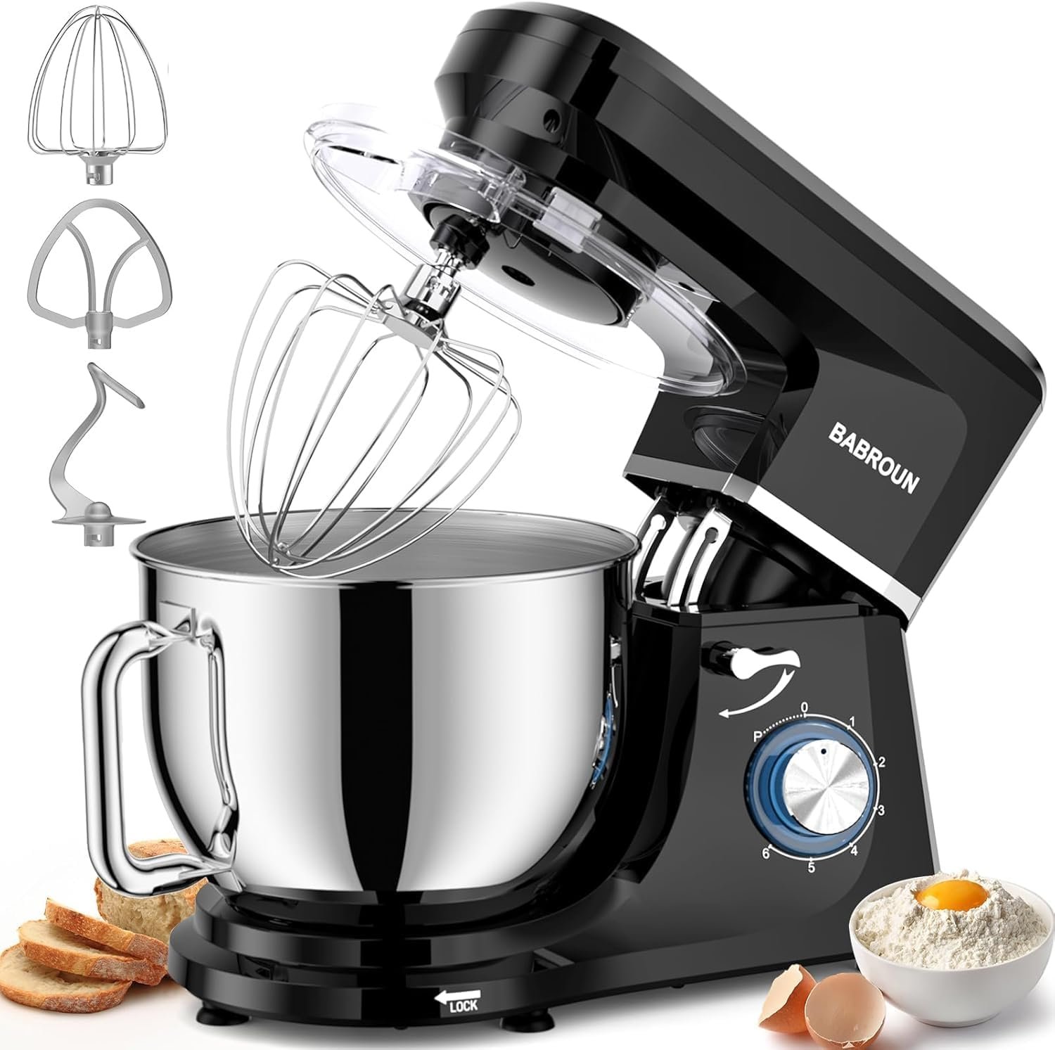 Dough Mixer 8.45 QT Electric Mixer – 660W 6 Speed Large Capacity Kitchen Stand Mixer with Whisk Dough Hook Mixing Beater Household Food Mixer for Baking Cakes Cookie Bread Salad(Black)