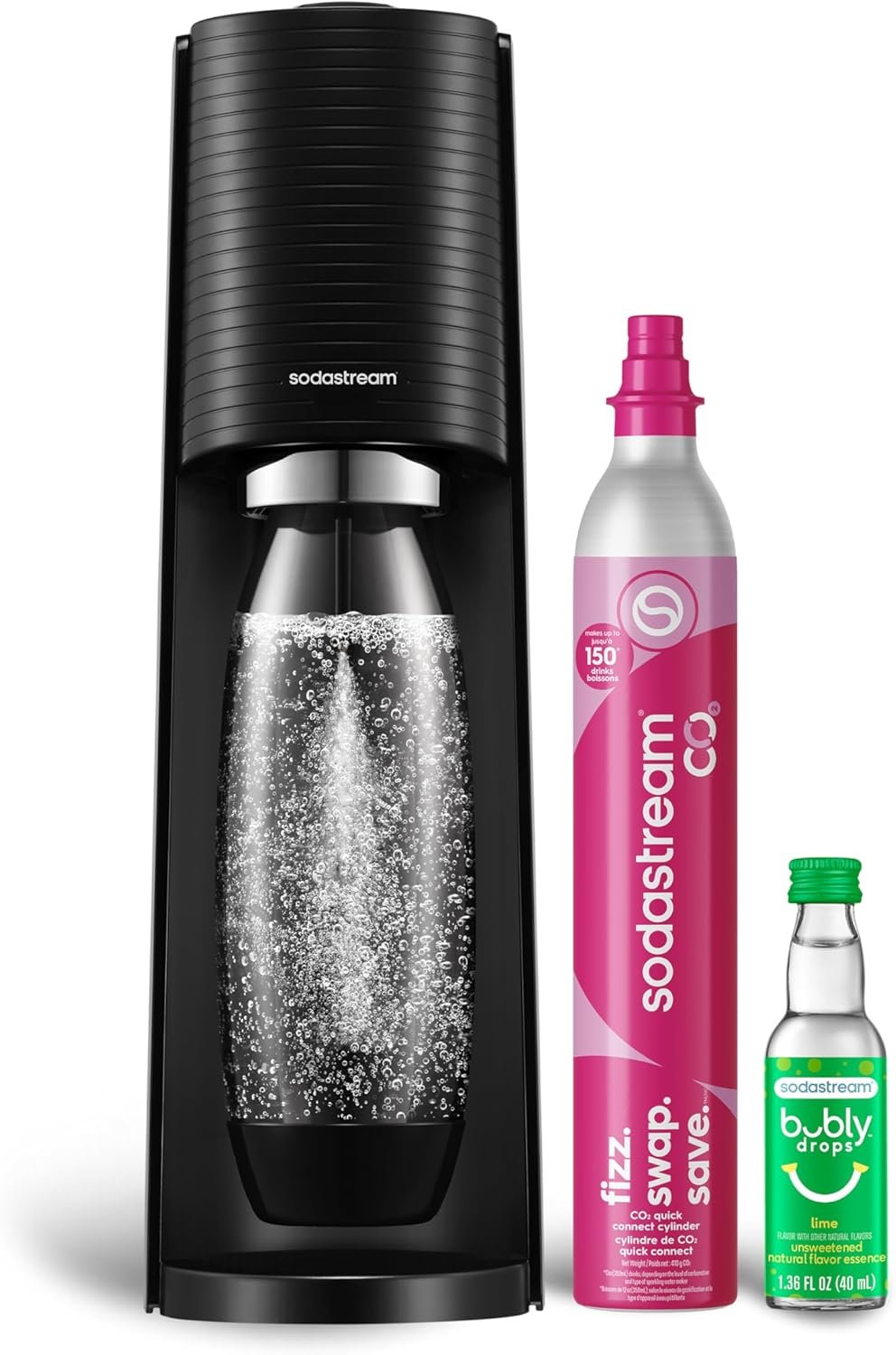 SodaStream TERRA Sparkling Water Maker, Starter Kit, CQC CO2 System, Includes 1 Quick Connect 60L CO2 Cylinder, 1 Dishwasher Safe BPA Free Bottle, 1 bubly Lime Drop, Make your own Pepsi, Black