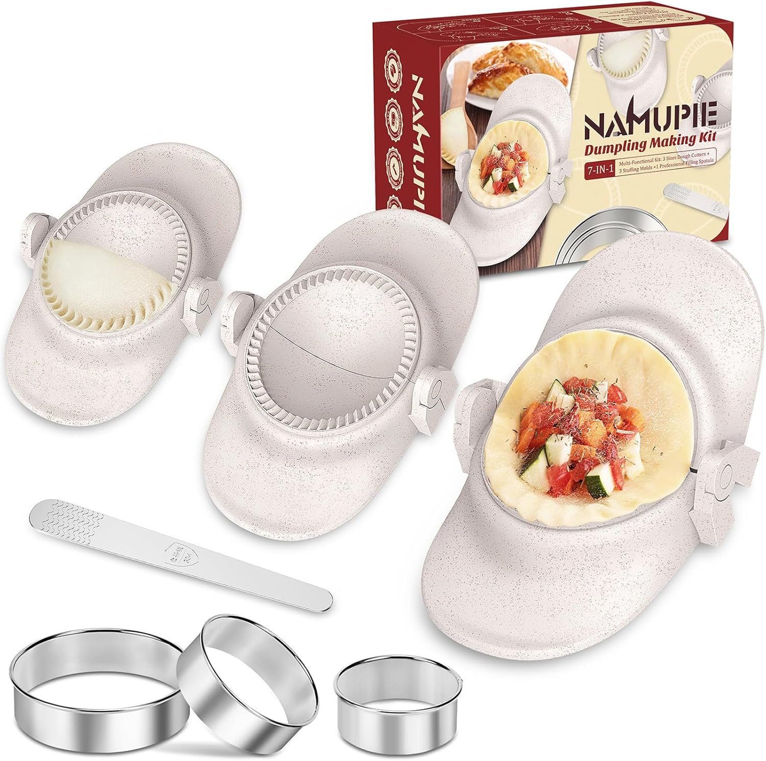 7 Piece Dumpling Maker Kit – All-in-One Empanada Maker Set with Press Molds & Ring Cutters, BPA-Free Kitchen Accessories for Home Cooking, Family/Friends Fun Gift (Beige)
