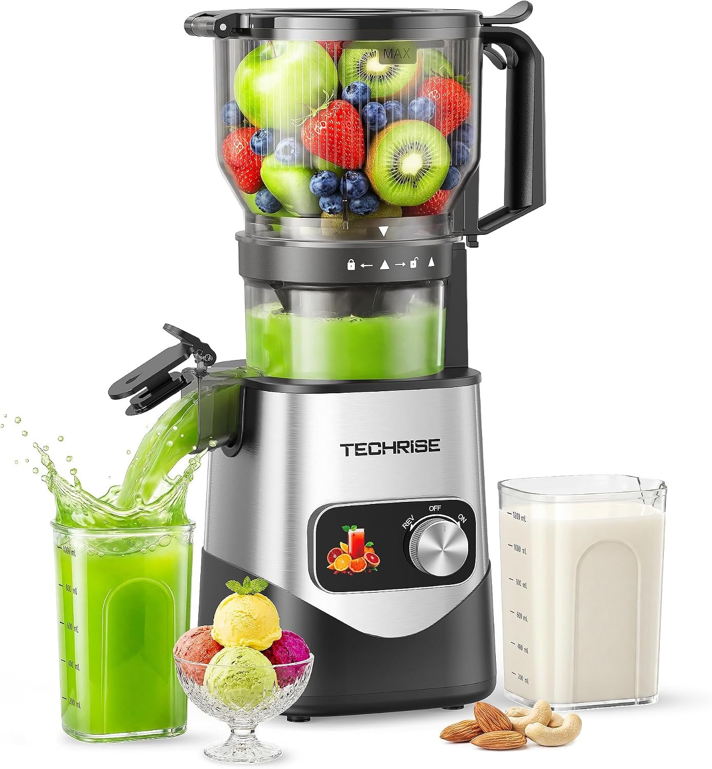 TechRise 3-in-1 Cold Press Juicer with 6″ Wide Feed Chute, Slow Masticating Juicer Machine for Whole Fruits & Vegetables, Makes Juice, Fruit Sorbet & Nut Milk, Easy to Clean, BPA-Free, Space Silver