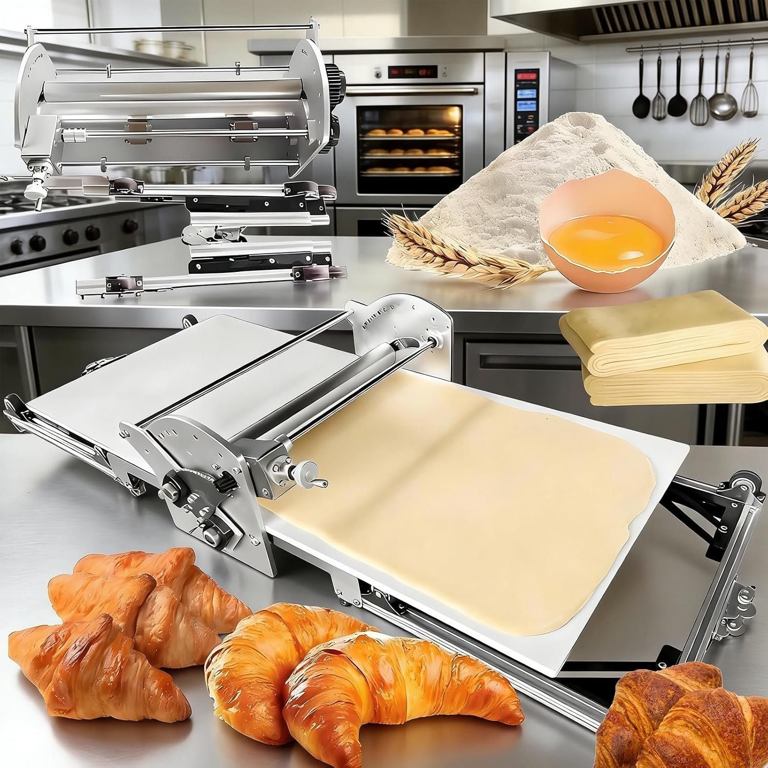 Commercial and Home Electric Dough Sheeter,40×17.7in Stainless Steel Foldable Pastry Roller with Auto Forward/Reverse,2-30mm Adjustable Thickness,for Bakery,Croissant,Puff Pastry,Pizza and Pie Crust