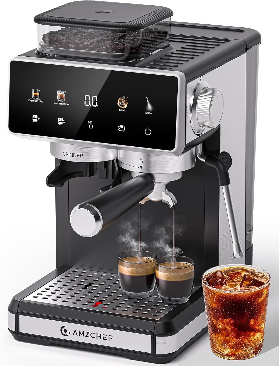 AMZCHEF 20 Bar Espresso Machine with Grinder – 20 Grinding Settings, Hot/Cold Brew Espresso Maker with Milk Frother, Coffee Maker for Latte,61oz Water Tank, Black