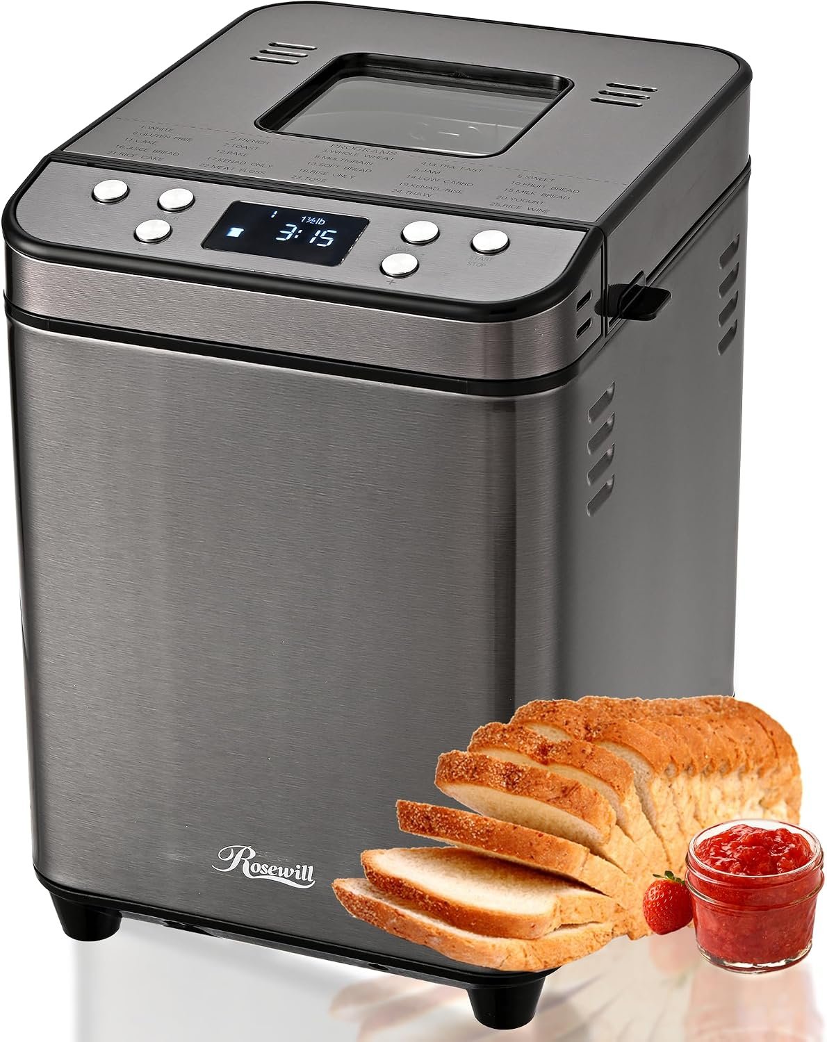 Rosewill 25-in-1 Automatic Bread Maker Machine with 3 Loaf Size up to 2 Lb, 700W High Power Dual Heater with BPA-free Nonstick Coating Pan, Max 15 Hours Delay Timer, Low Noise – Gray