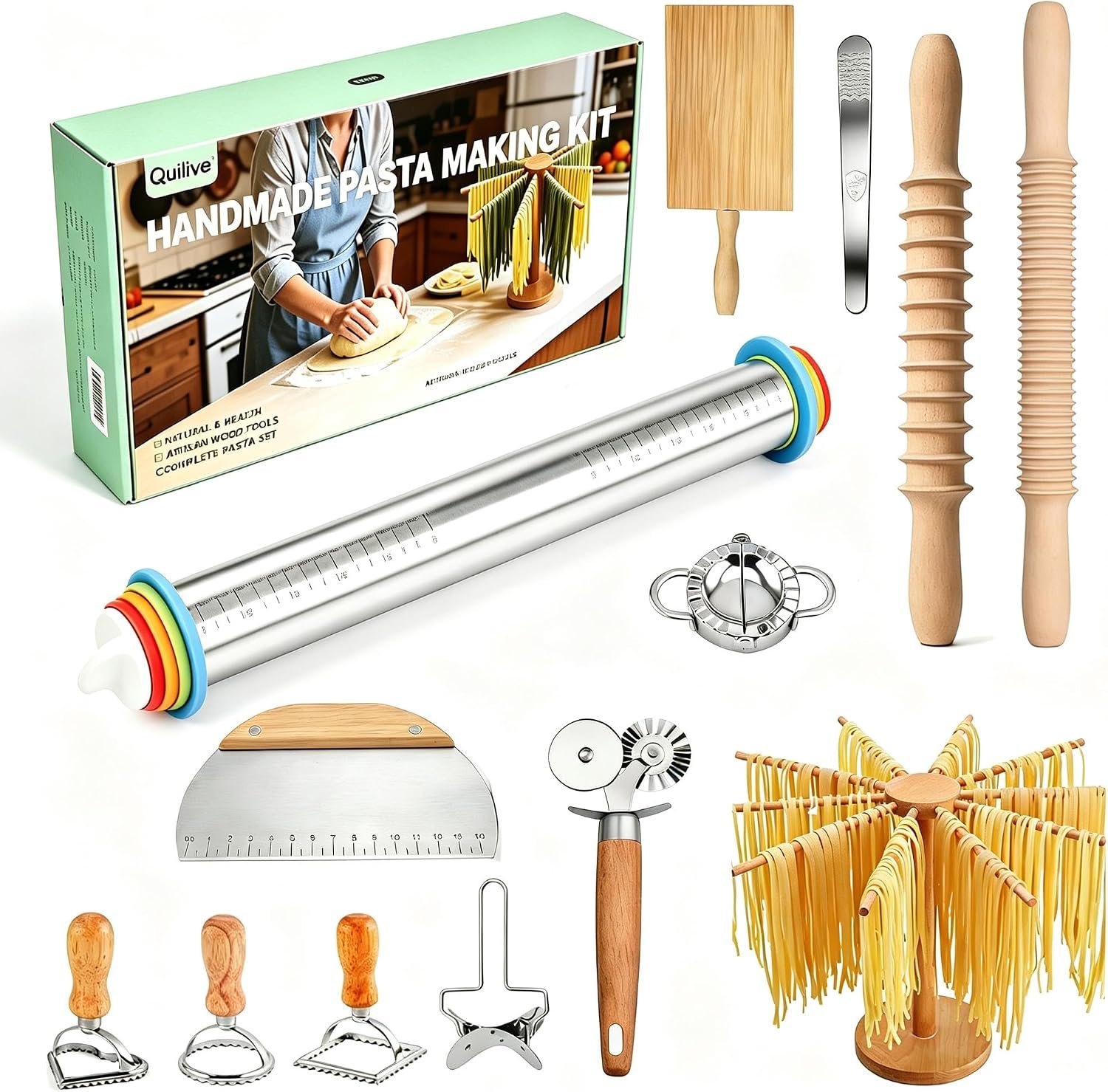 Professional 13 PCS Pasta Making Tools Set,Including Stainless Steel Adjustable Rolling Pin, Pasta Drying Rack, Ravioli Mold Cutter, Pasta Maker Kit for Homemade Fettuccine, Lasagna, Gnocchi, Dumpling