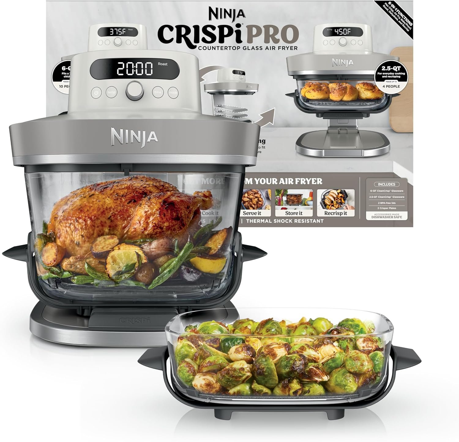 Ninja Crispi Pro 6-in-1 Glass Air Fryer | With Nontoxic, 6qt & 2.5qt Containers & Lids | Microwave, Freezer, Dishwasher Safe | 450°F Max Temp | 1800 Watt | Bone | AS101LG