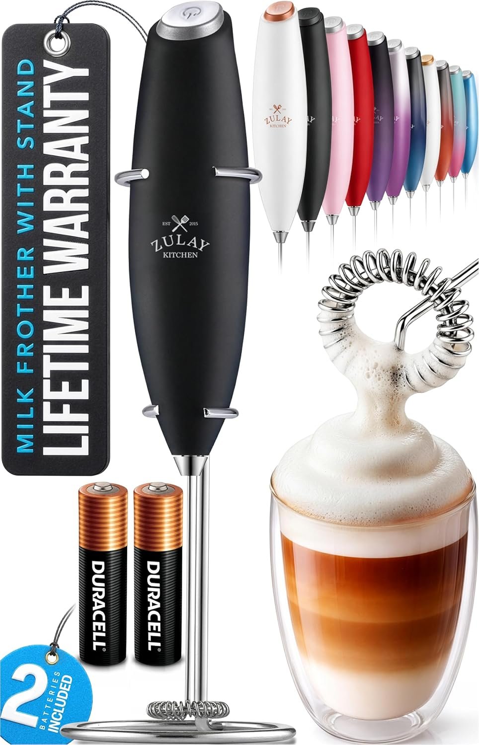 Zulay Kitchen Powerful Milk Frother Wand With Duracell Batteries – Ultra Fast Handheld Drink Mixer – Electric Whisk Foam Maker for Coffee, Lattes, Cappuccino & Matcha – Z1 Motor – Black