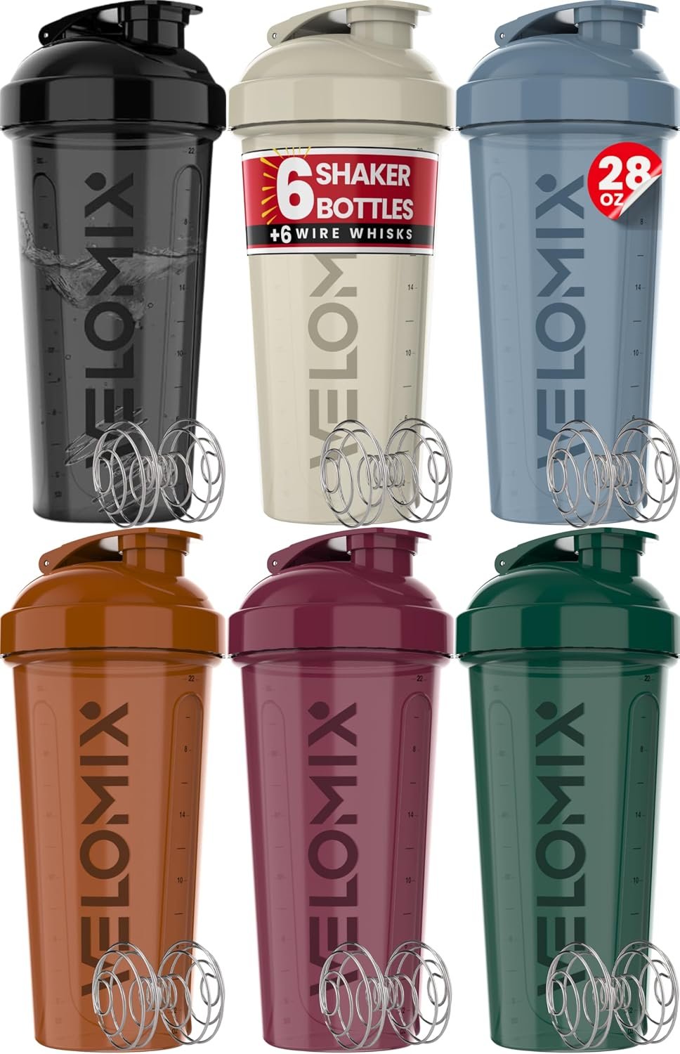 VELOMIX 6 Pack 28 oz Protein Shaker Bottle for Mixes – 6 Wire Whisk Balls | Leak Proof Cups for Supplements | BPA-Free Gym & Fitness (Earth Tones Collection)