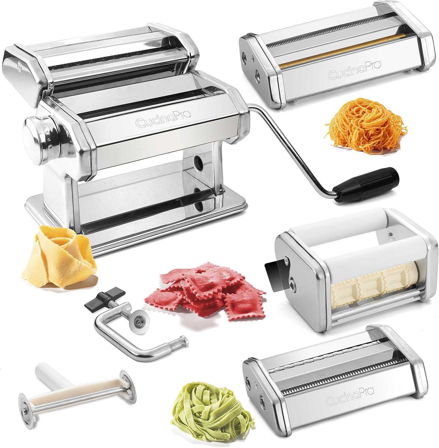 Pasta Maker Deluxe Set- Stainless Steel Machine w 3 Interchangeable Attachments- Make 5 Different Pastas- Spaghetti Fettuccini Angel Hair Ravioli Lasagnette- Durable Cutters for Adjustable Thicknesses