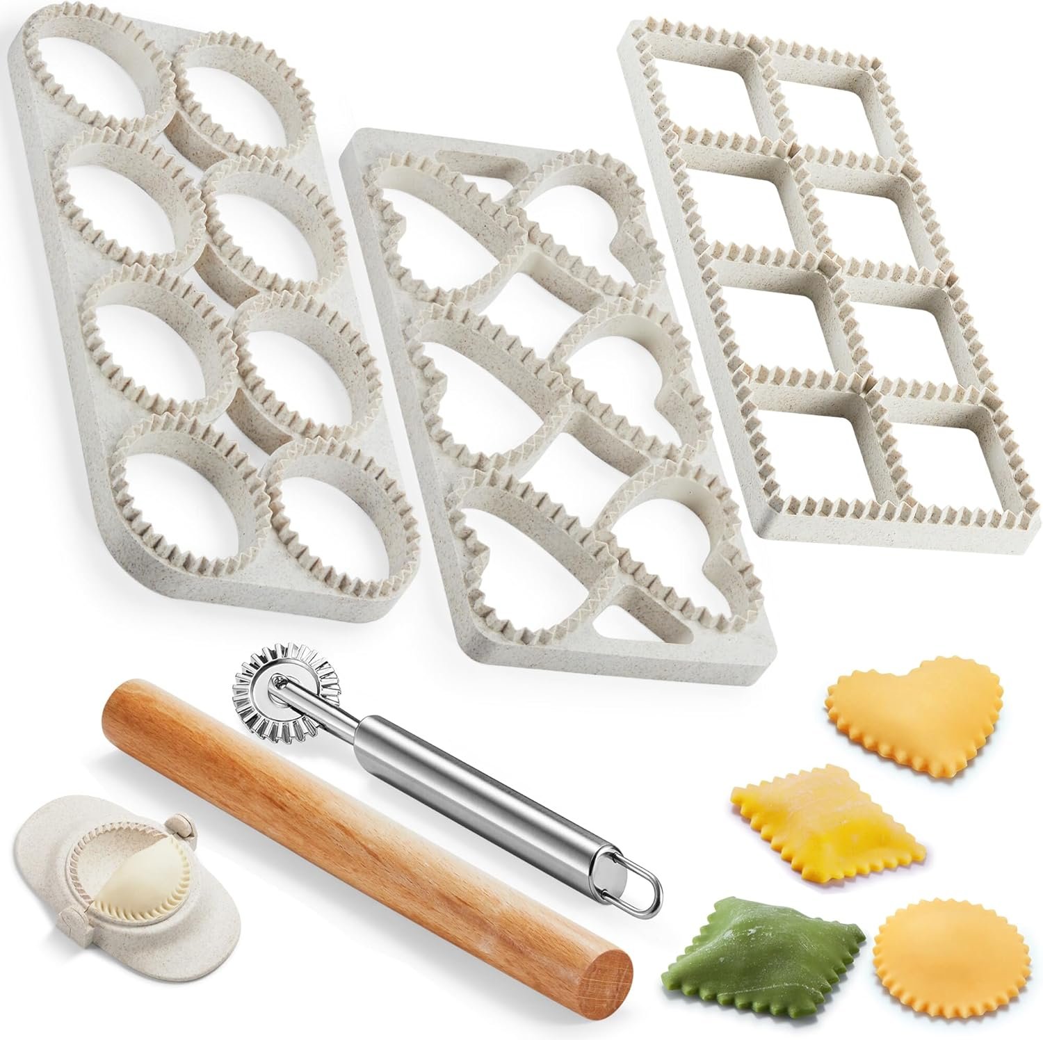 Ravioli Maker Press, Ravioli Press Mold Set – Round, Heart, Square Ravioli Stamp Maker Cutter with Wood Rolling Pin, 2.6″ Empanada Maker Press Kit and Ravioli Wheel 3 PCS
