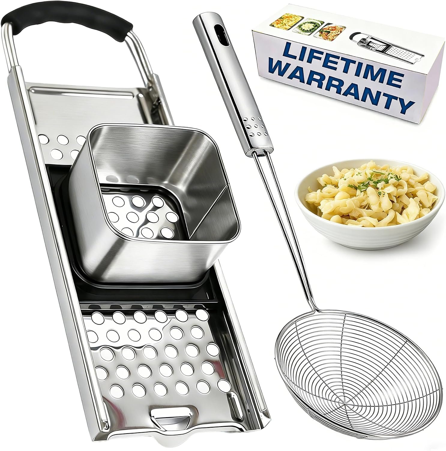 Spaetzle Maker, METLUCK Stainless Steel Spaetzle Press with Strainer Skimmer, Premium German Spaetzle Maker with Comfort Handle, Traditional Egg Noodle Dumpling Maker Tool for Home Cooking