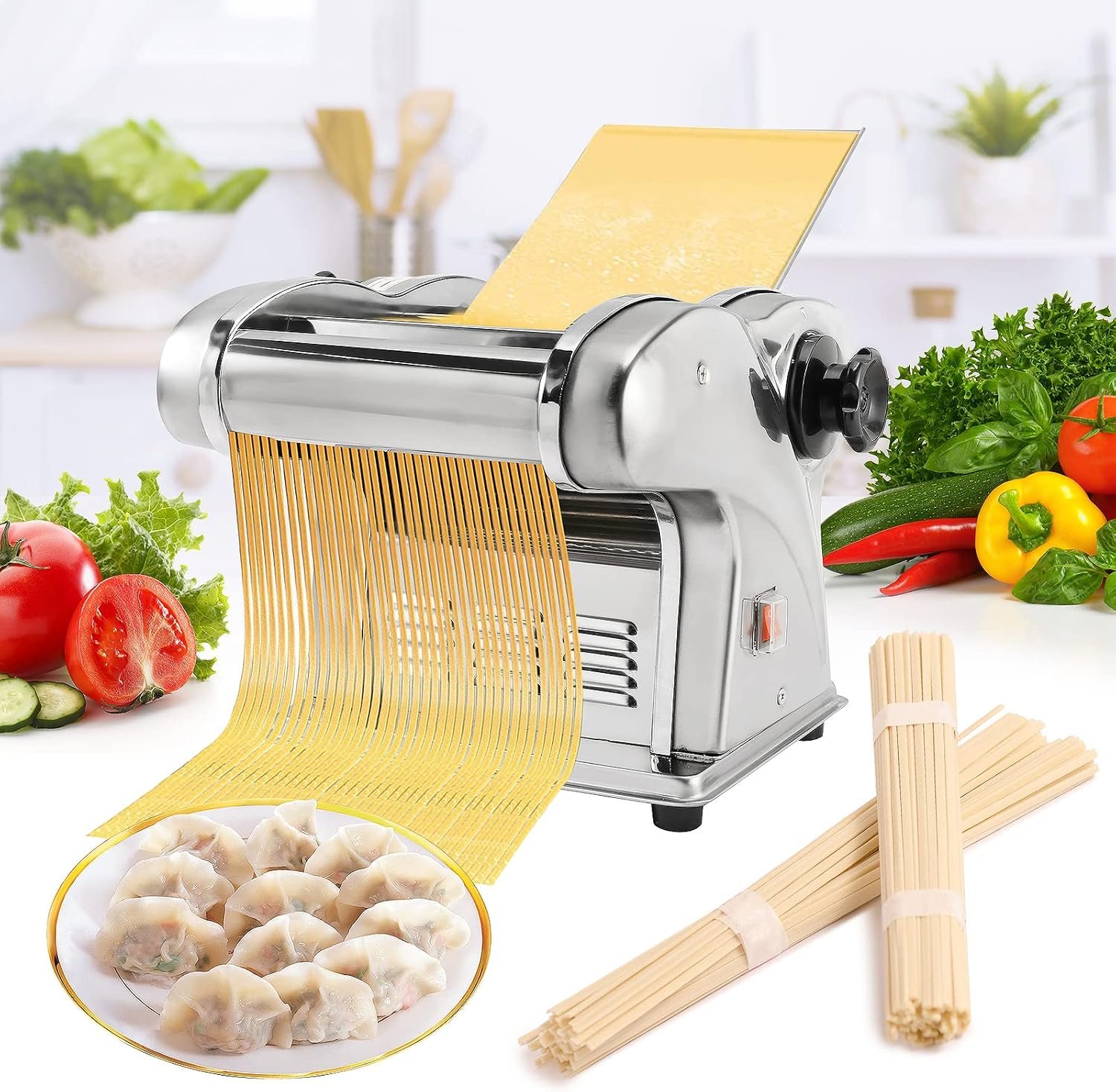 WICHEMI Electric Pasta Maker 3 IN1 Pasta Roller Automatic Noodle Maker 135W | Electric Pasta Maker Machine, Pasta Dough Roller, Food Grade Stainless Steel, Making 2.5mm Round Noodle, 4mm/9mm Flat Noodle