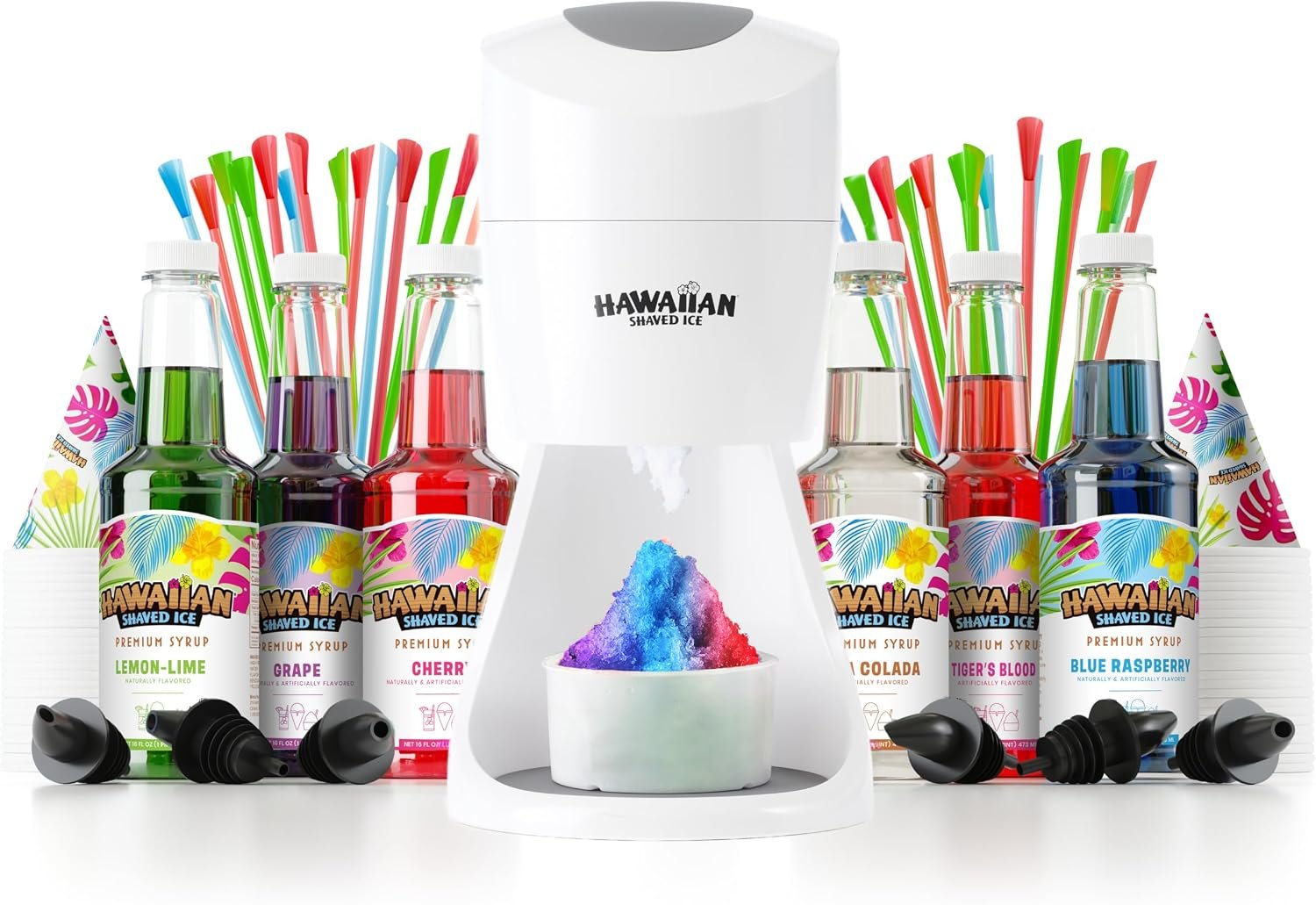 Hawaiian Shaved Ice S900A Made in USA Professional Fluffy Ice & Snow Cone Machine for Home Use – Complete Party Kit with Flavor Syrups