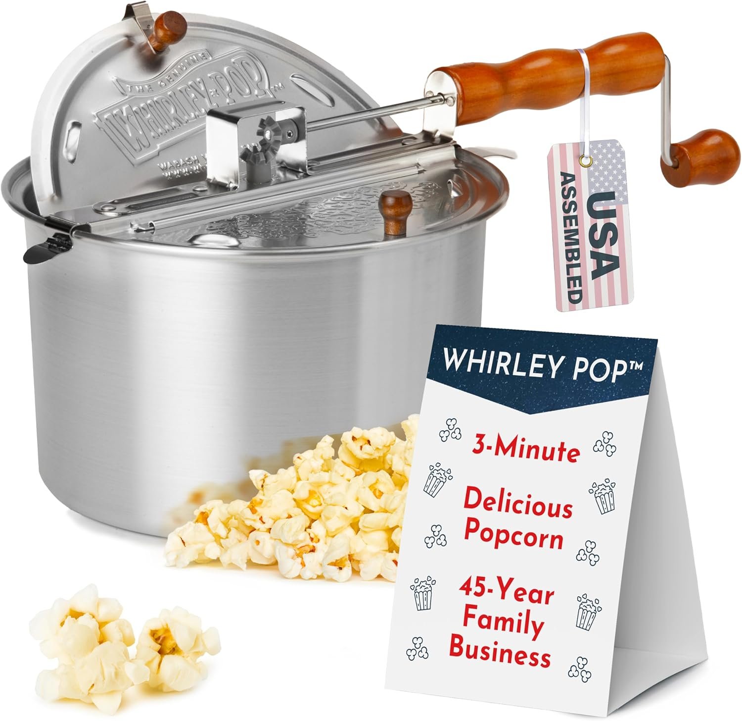 Original Whirley Pop Popcorn Machine – 3-Minute Stovetop Popcorn Maker for Home Movie Snacks & Game Night – Wabash Valley Farms – Aluminum Pot With Nylon Gears – (Silver)