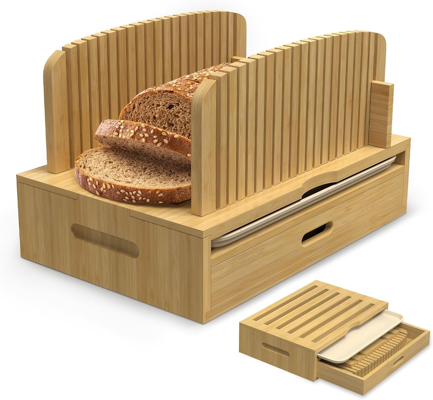LOHASOK Bamboo Bread Slicer Guide: Bread Cutter for Homemade Bread Loaf – Adjustable and Foldable with Crumb Tray