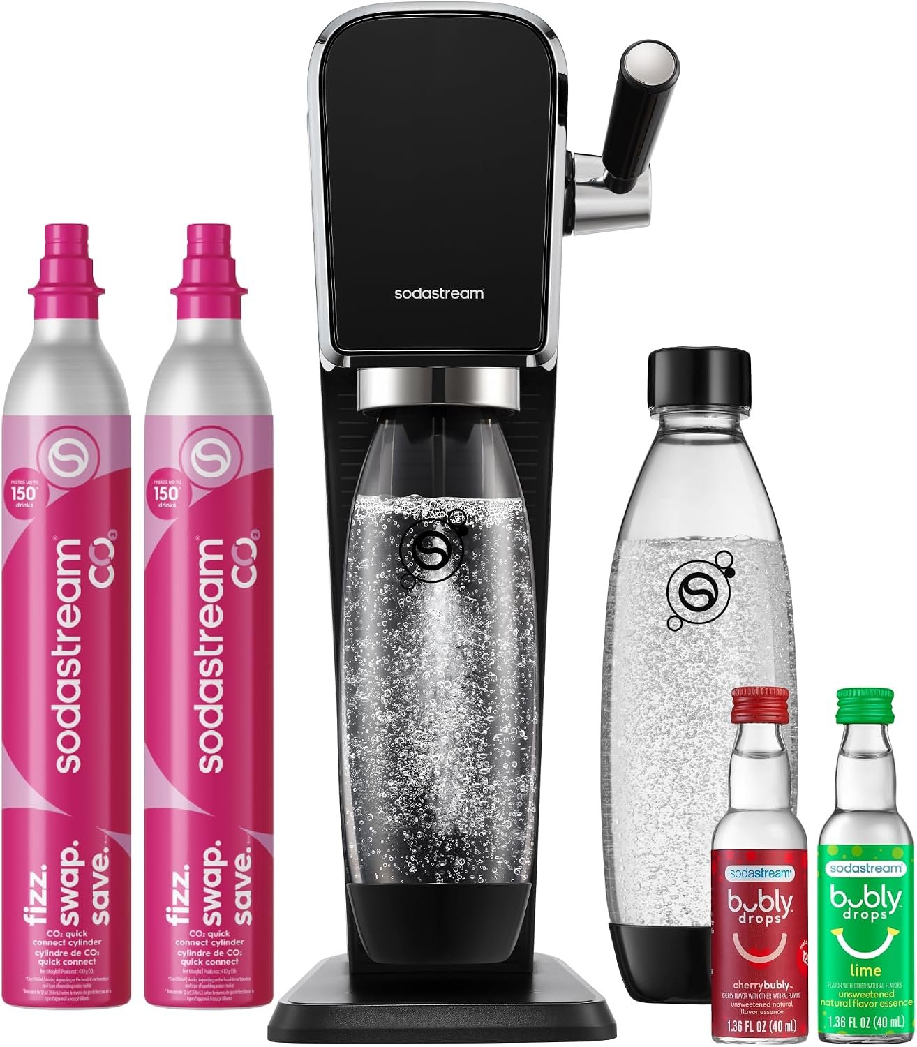 SodaStream ART Sparkling Water Maker, Value Bundle, Soda Maker, Includes 2 Quick Connect 60L CO2 Cylinders, 2 Dishwasher Safe BPA Free Bottles, 2 bubly Flavor Drops, Make your own Pepsi, Black