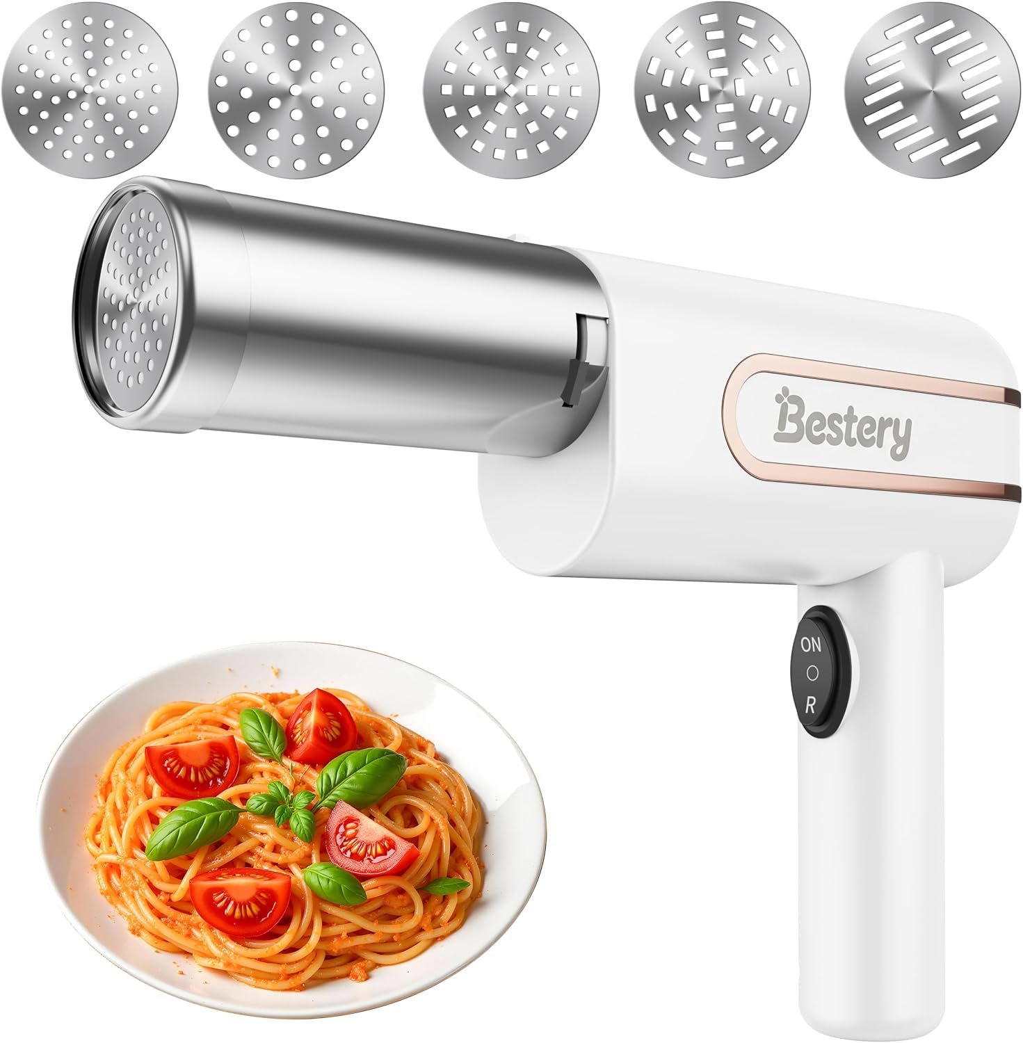 Upgraded Electric Pasta Maker Machine, 5 in 1 Cordless Handheld Automatic Noodle Maker for Homemade Spaghetti Making Tool, Compact DIY Pasta Roller for Kitchen Home Restaurant White