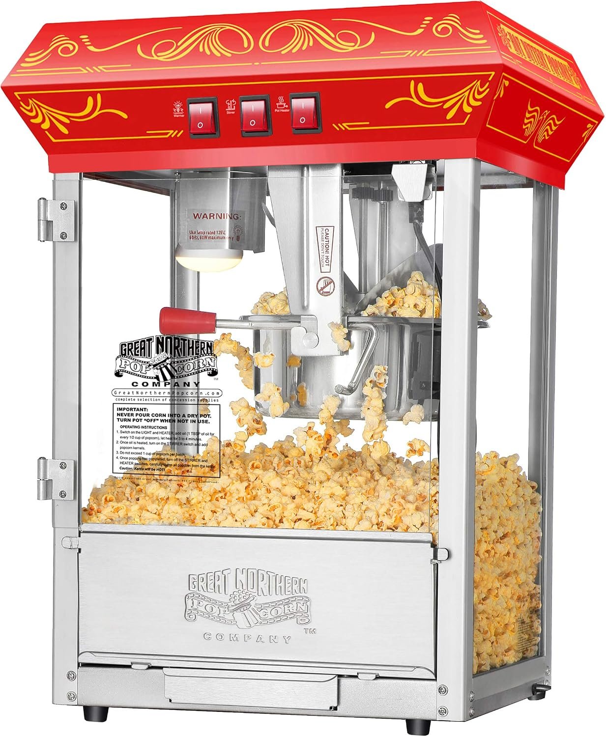 Good Time Popcorn Machine – 3-Gallon Popper with Steel Kettle, Old Maids Drawer, Warming Tray, and Scoop for Home by Great Northern Popcorn (Red)