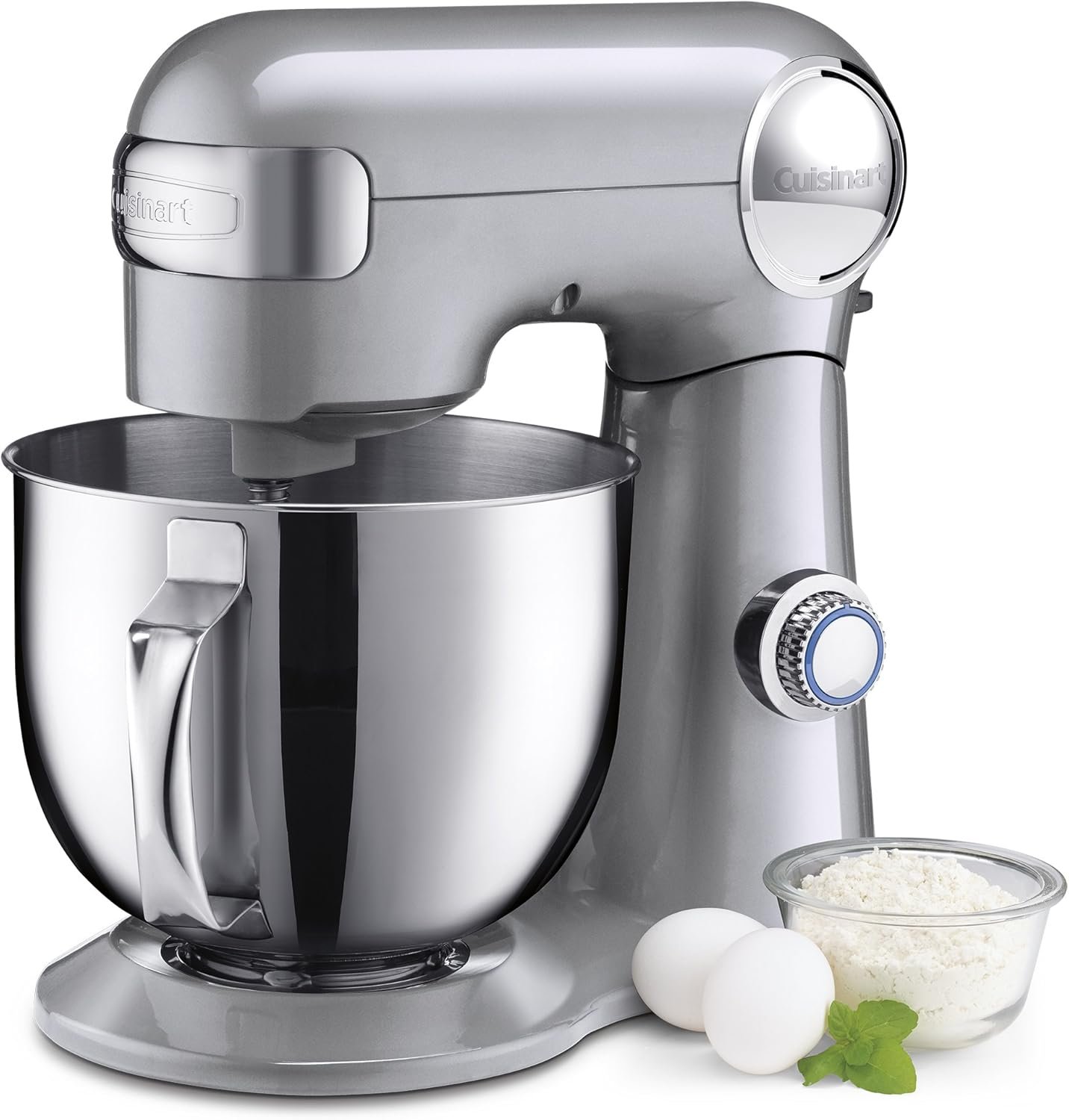 Cuisinart Stand Mixer, 12 Speeds, 5.5-Quart Mixing Bowl, Chef’s Whisk, Flat Mixing Paddle, Dough Hook, and Splash Guard with Pour Spout, Silver Lining, SM-50BCNAS, Silver Lining