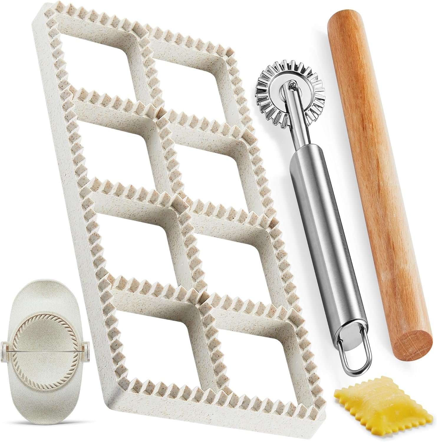 Ravioli Maker Press, Ravioli Press Mold Set – 1.85″ Squares Ravioli Stamp Maker Cutter with Wood Rolling Pin, 2.6″ Empanada Maker Press Kit and Ravioli Wheel, Makes 8 Ravioli