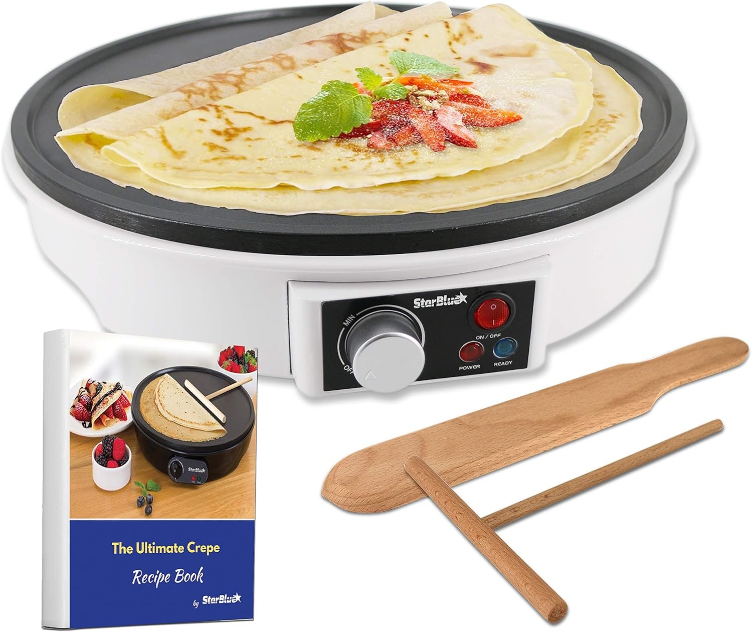 12″ Electric Crepe Maker by StarBlue with FREE Recipes e-book and Wooden Spatula – Perfect for Crepes, Roti, Tortillas, Blintzes, Pancakes, Waffles, Eggs, Bacon AC 120V 50/60Hz 1000W