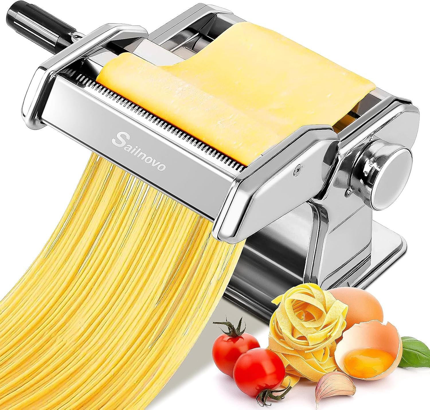 Sailnovo 3 in 1 Pasta Maker Machine – 9 Adjustable Thickness Settings Aluminum Alloy Pasta Roller & 2 Width Cutters for Fresh Spaghetti, Fettuccini, Lasagna, Dumplings – Stainless Steel, Silver