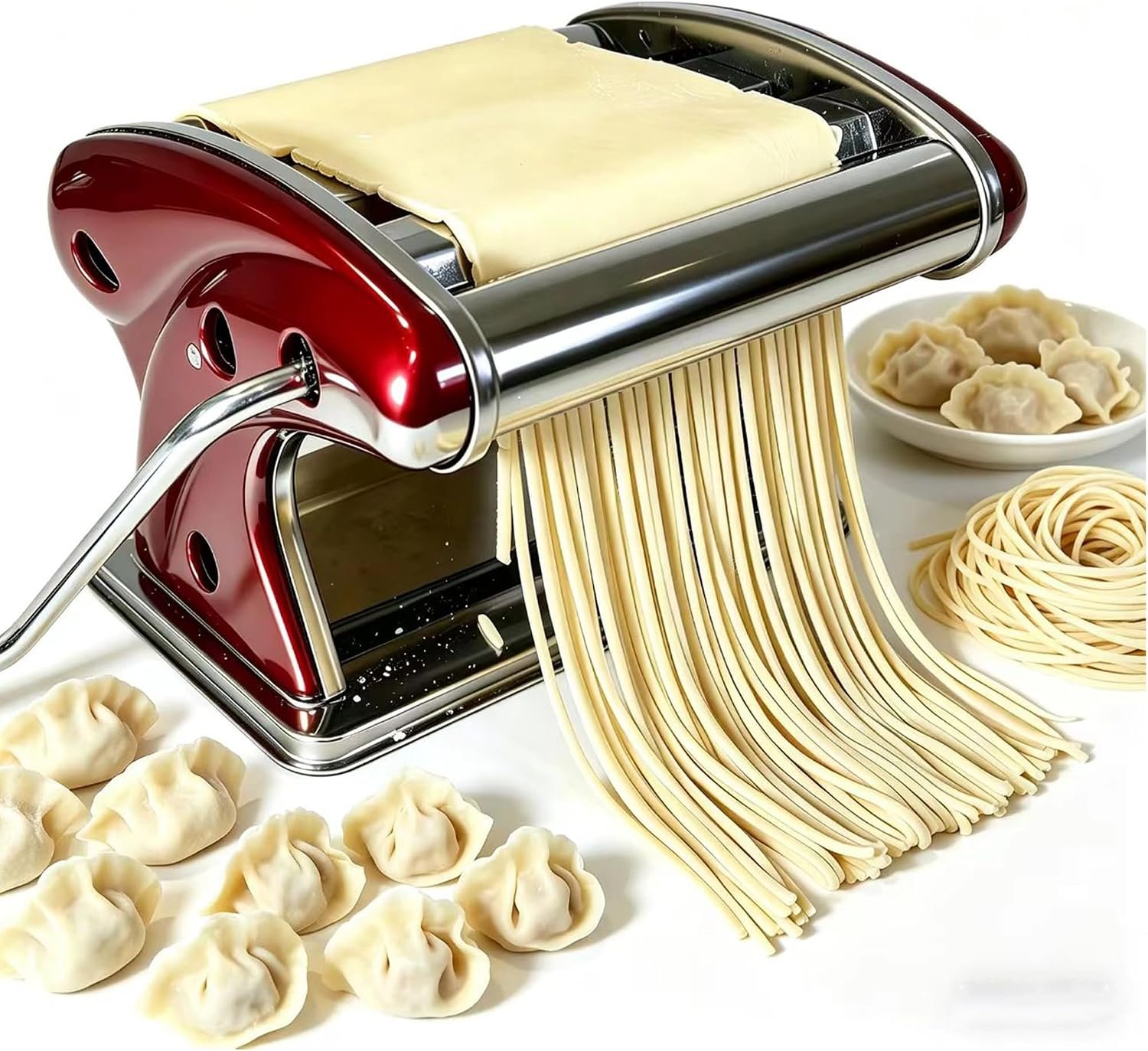 LEONEBEB Hand Crank Pasta Maker & Roller – 2-in-1 Manual Noodle Machine with Built-in 2mm/4mm Cutters, Adjustable Thickness 0.1-5mm for Spaghetti, Ramen, Dumplings – Stainless Steel, Easy to Clean
