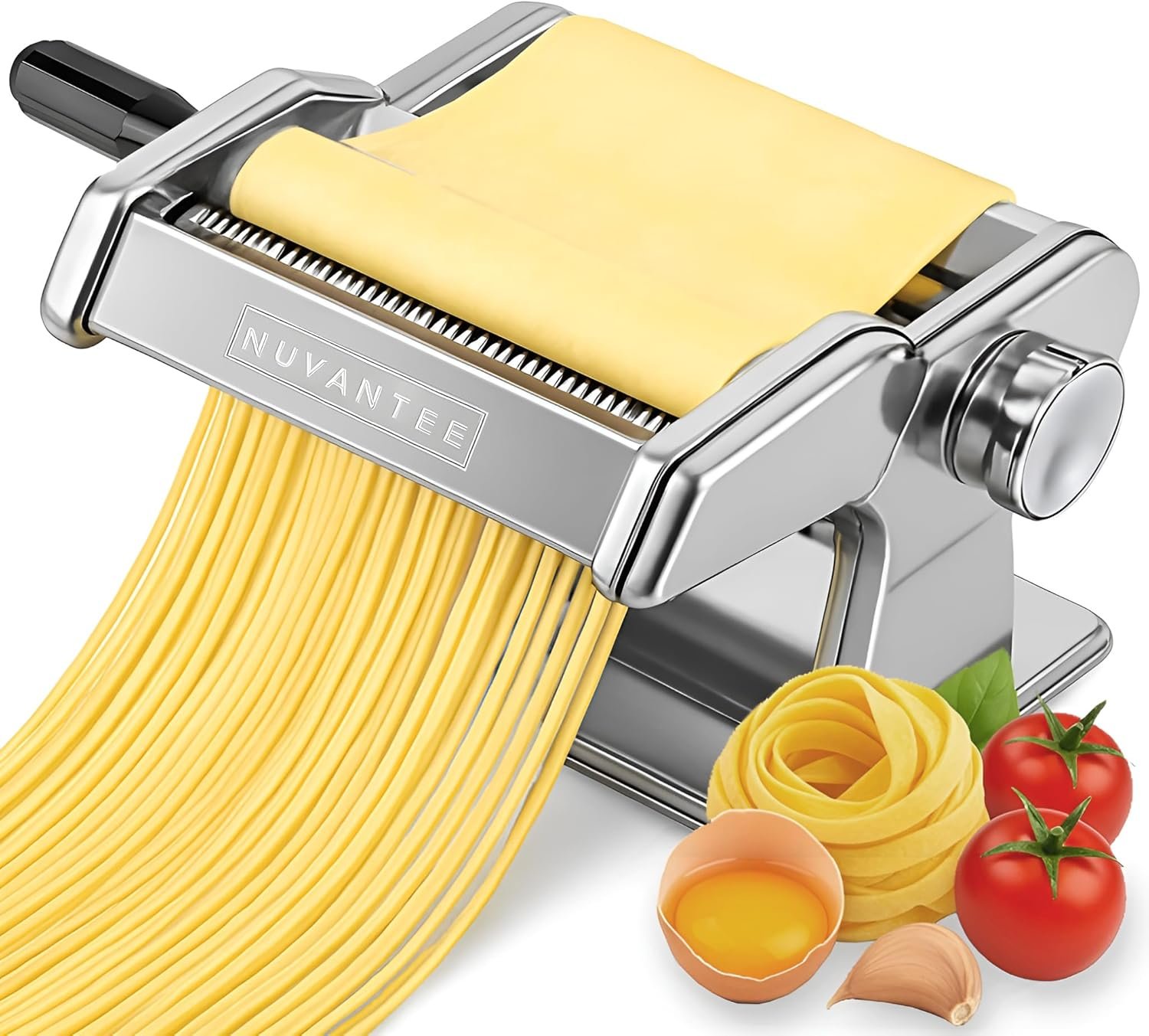 Nuvantee Pasta Maker with Adjustable Thickness Settings – 3 in 1 Noodle Maker with Rollers & 2 Width Cutters for Fresh Spaghetti, Fettuccini, Lasagna, Dumplings & More