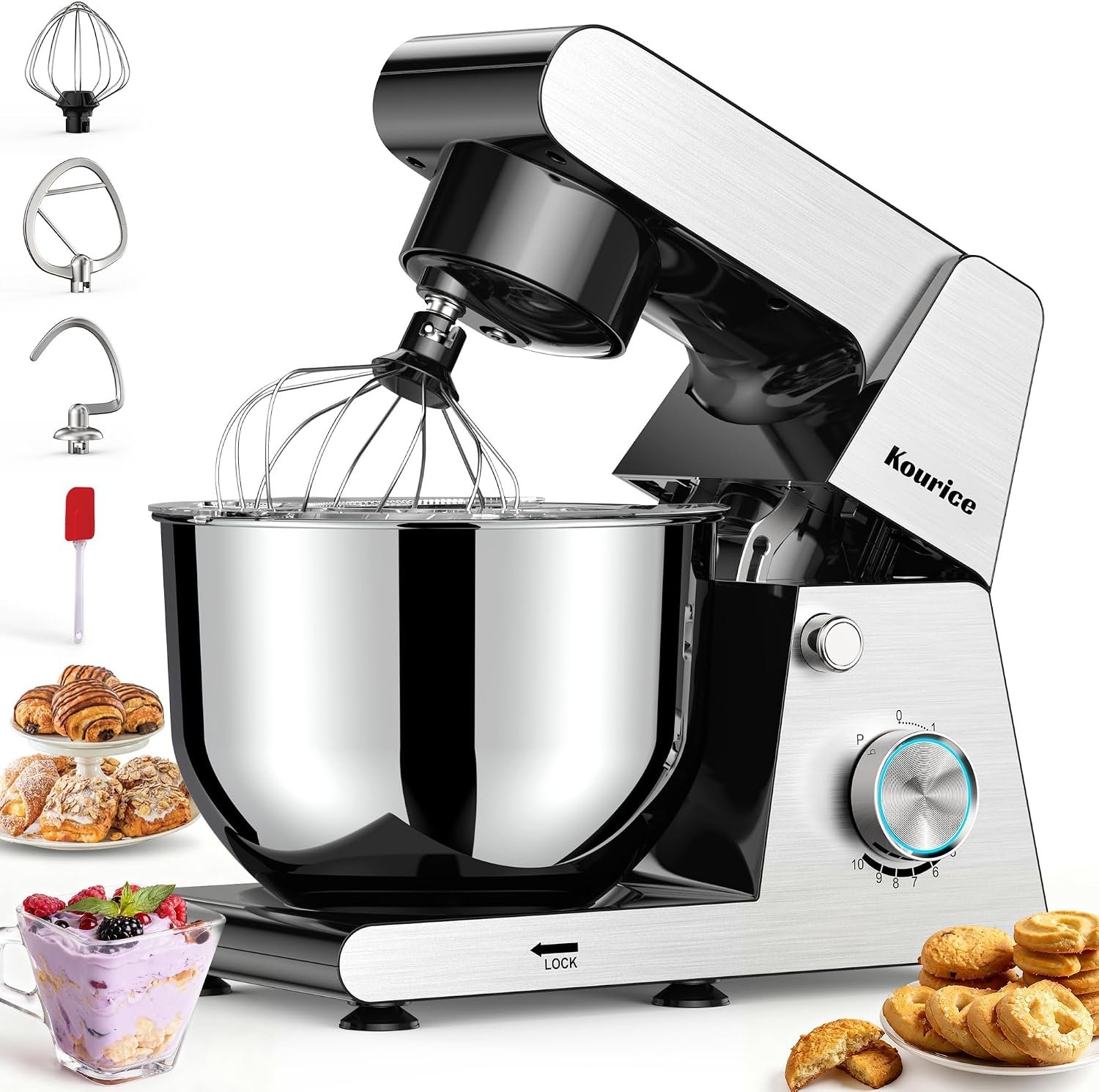 6.5QT Tilt-Head Stand Mixer, Heavy Duty Pro 10-Speed Electric Mixer, Stainless Steel Cladding & Bowl with Dough Hook, Wire Whisk and Flat Beater for Home Baking, Bread, Cake, Pizza Dough