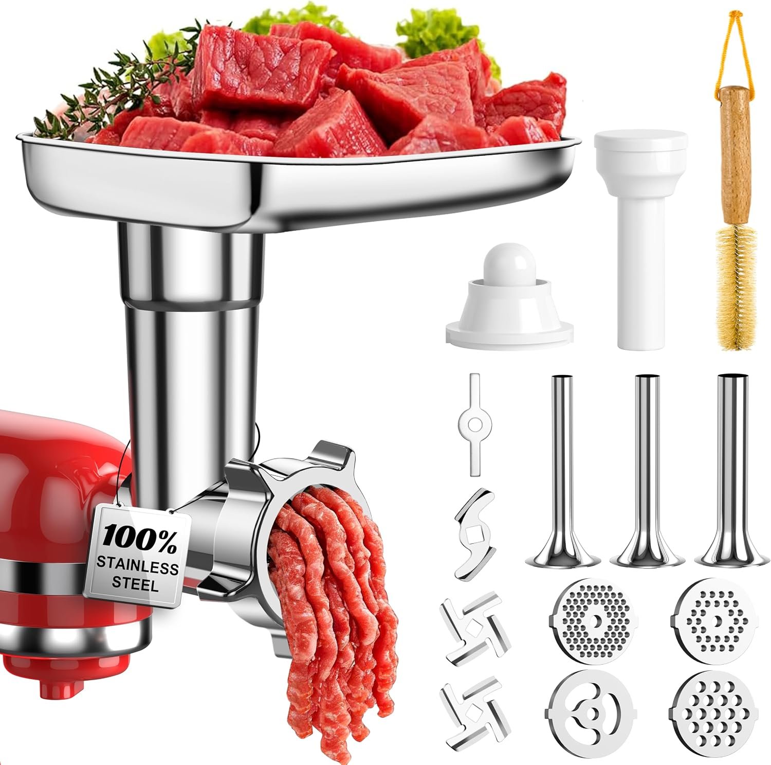 100% Polished Stainless Steel Meat Grinder Attachment for KitchenAid Mixer, Dishwasher Safe Food Grinder Attachment Anti-Corrosion, 18-Piece Set Includes 3 Seamless Sausage Stuffers, 4 Grinding Plates