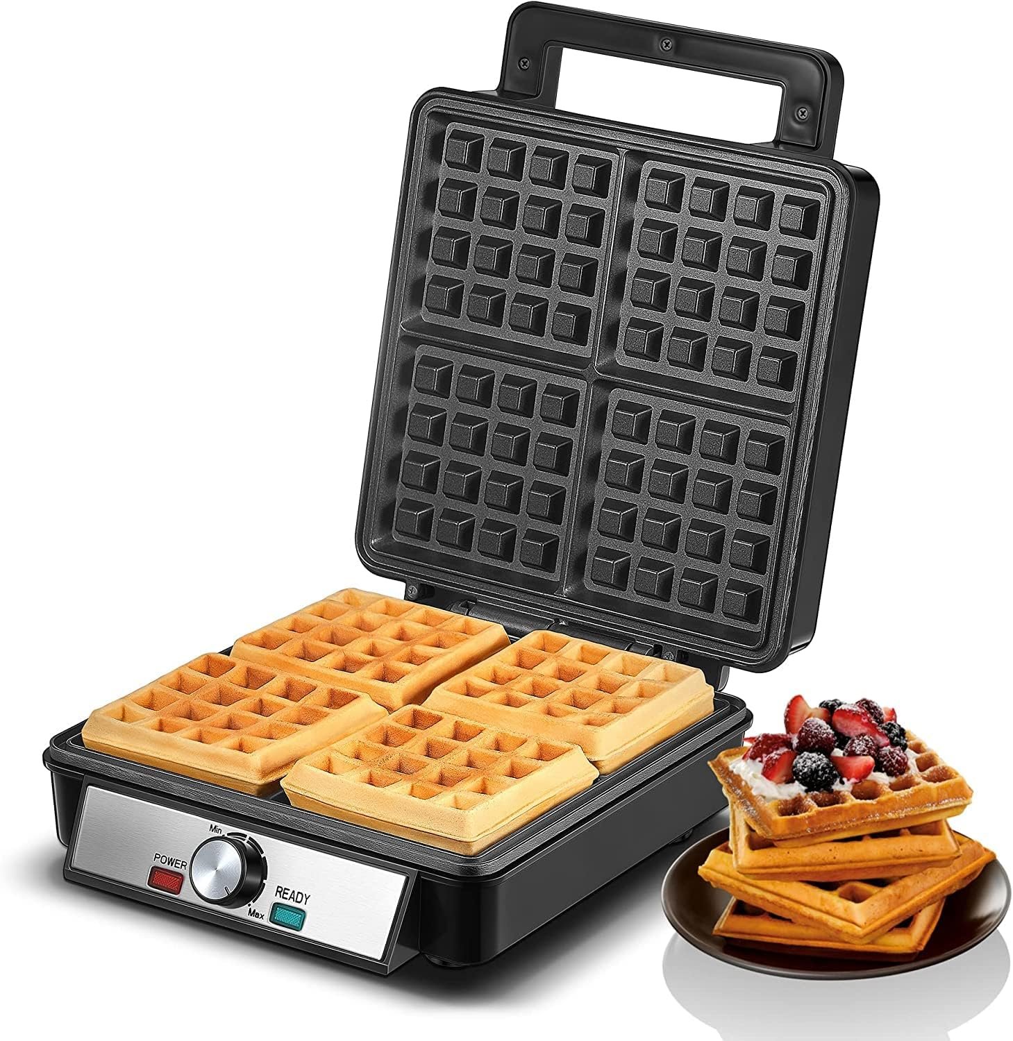 1200W Belgian Waffle Maker 4-Slice, Stainless Steel, 5 Browning Levels, Non-Stick Surfaces, Silver/Black, FOHERE – Perfect for Family Breakfasts (Black)
