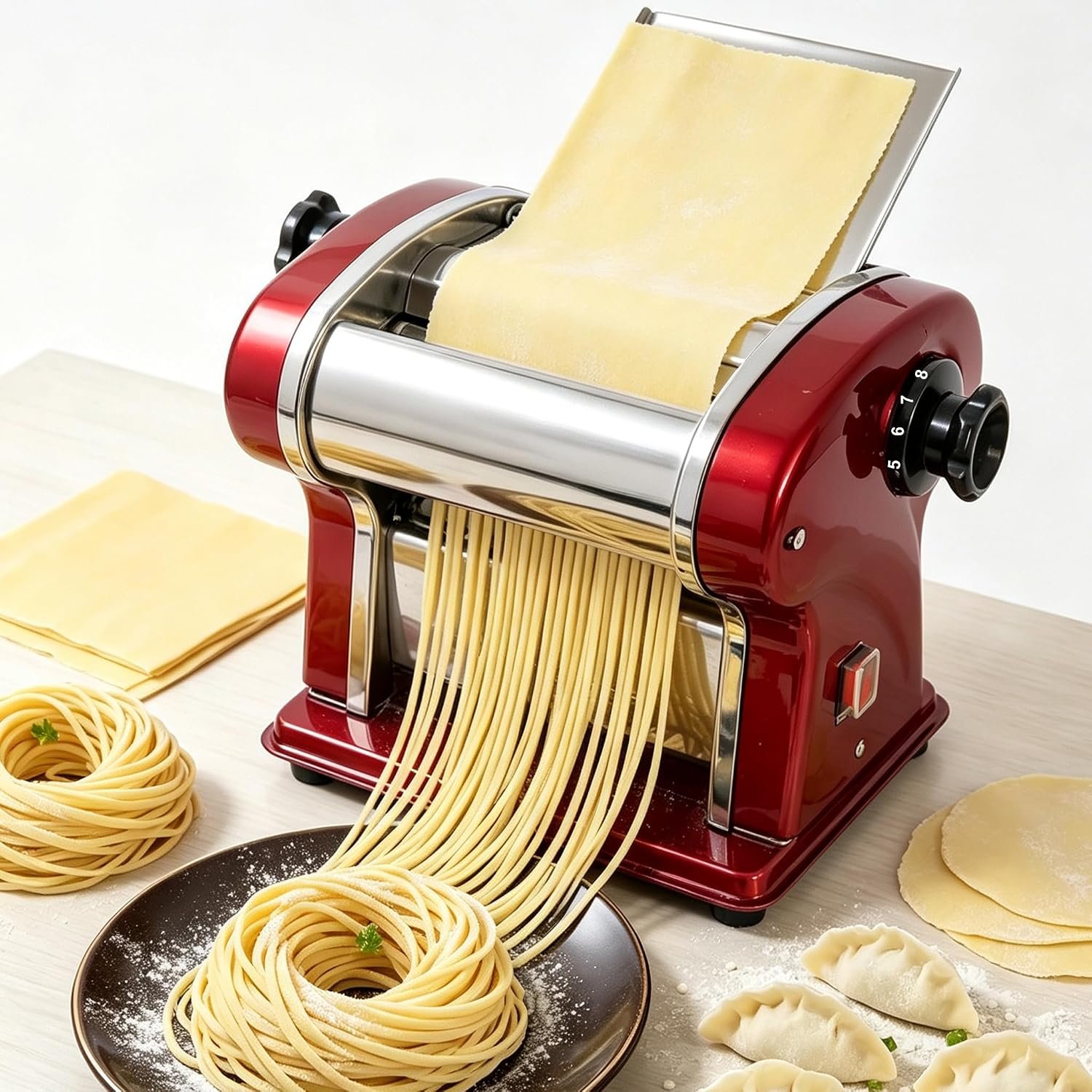 Electric Pasta Maker, 135W, 9 Settings & 2.5mm Cutter | Stainless steel pasta machine: thickness (0.3-5mm), round noodles. 5kg/h. For home & light commercial. Easy clean