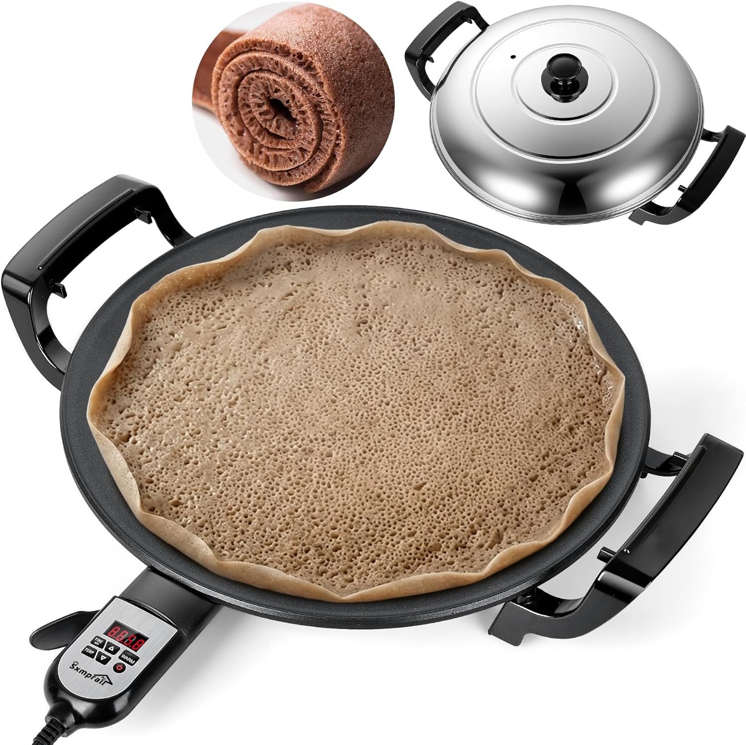 Ethiopian 18.5″ Injera Maker Mitad (Mogogo), Electric Griddle with Adjustable Temperature & Time, Non-Stick Surface for Norwegian Lefse, Swedish Pancake, Indian Dosa, Digital Handle