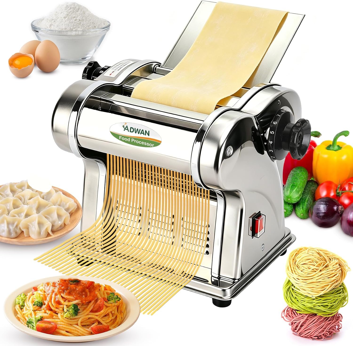 ADWAN Electric Pasta Maker Machine,135W Stainless Steel for Home Family Use (1.5mm Round Noodle+4mm Flat Noodle)